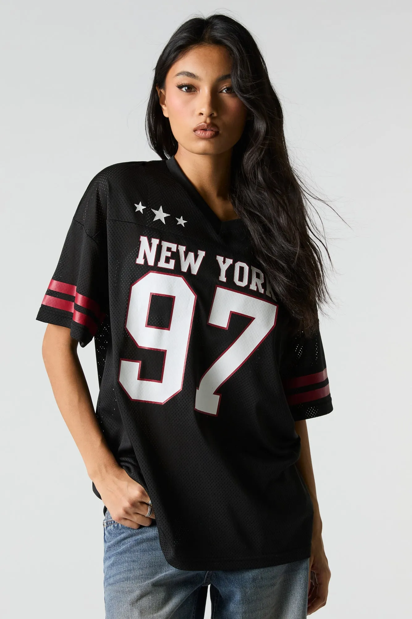Mesh Sporty Graphic V-Neck Jersey sold by Charlotte Russe product image thumbnail 2