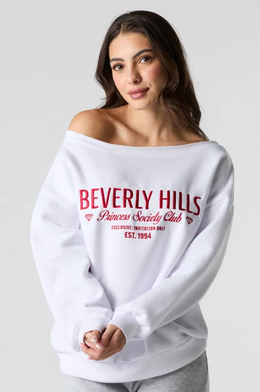 City Embroidered Off Shoulder Fleece Sweatshirt sold by Charlotte Russe