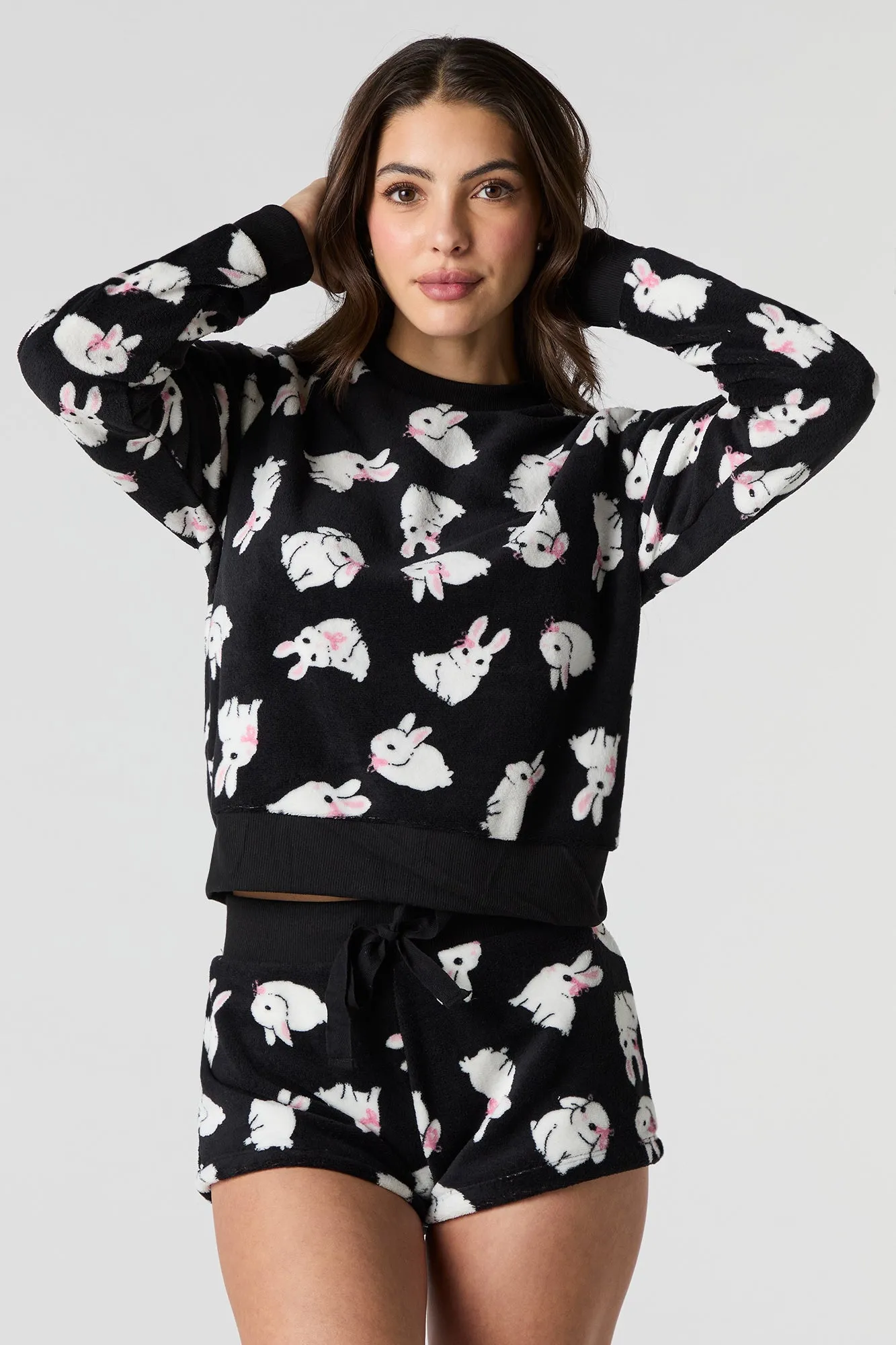 Bunny Print Plush Long Sleeve & Short 2 Piece Pajama Set sold by Charlotte Russe product image thumbnail 4