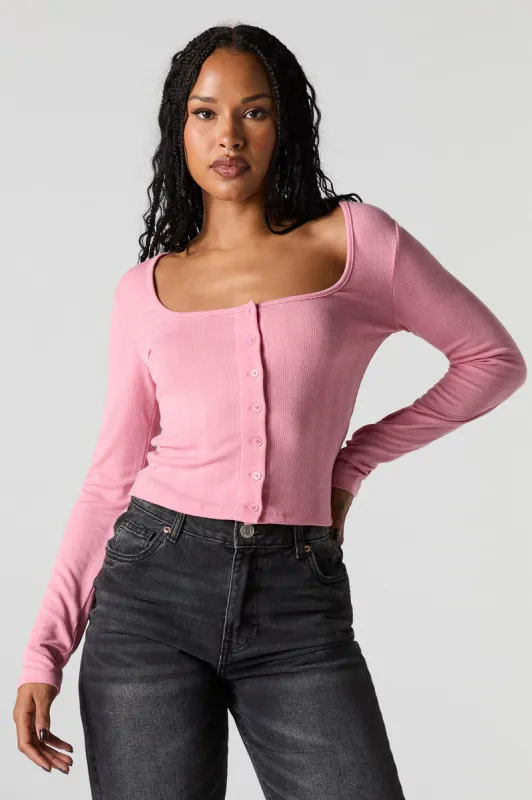 Pointelle Knit Button Front Long Sleeve Top sold by Charlotte Russe