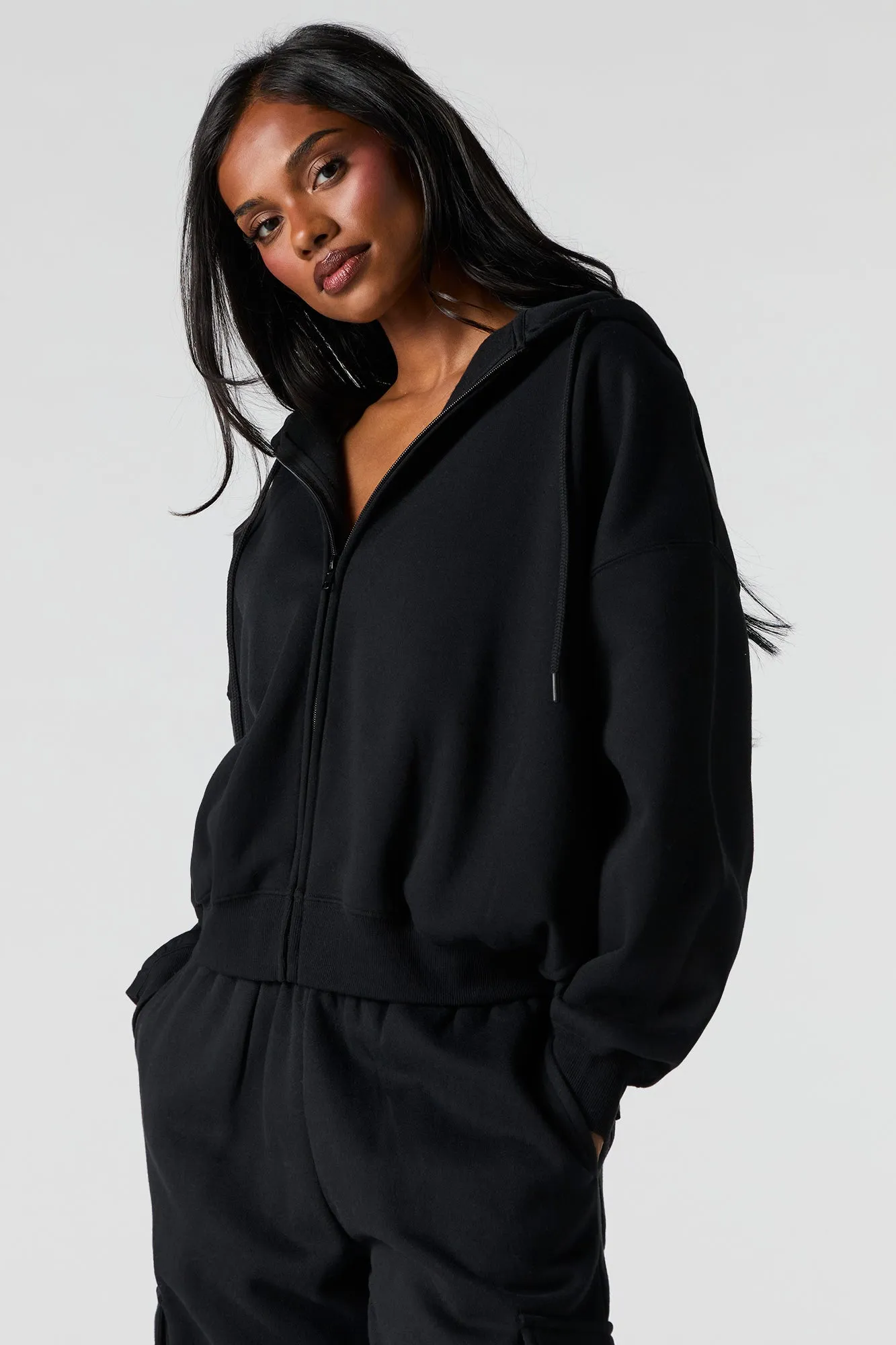 Boxy Zip-Up Fleece Hoodie sold by Charlotte Russe product image thumbnail 2