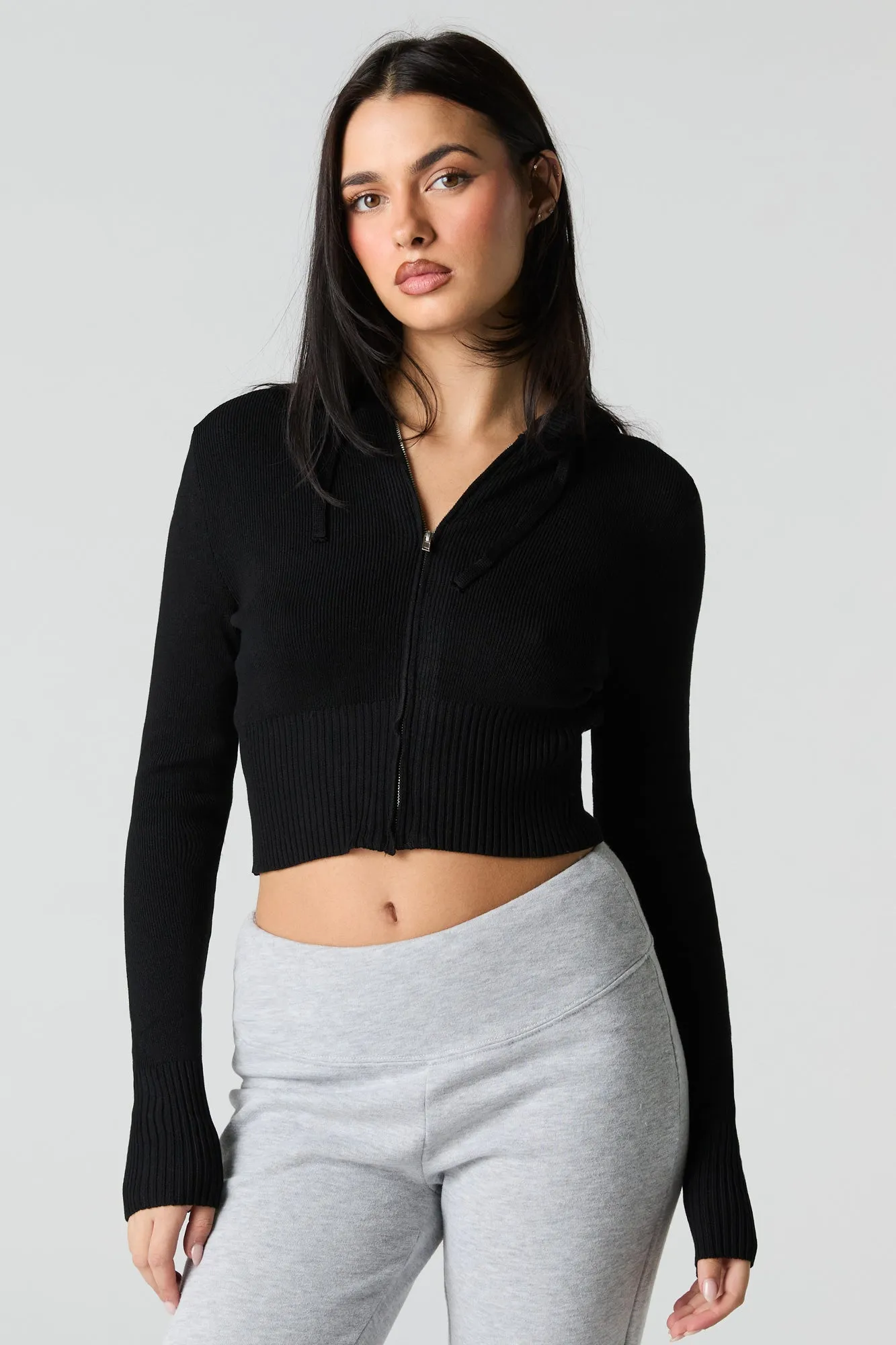 Ribbed Knit Zip-Up Hooded Sweater sold by Charlotte Russe product image thumbnail 4