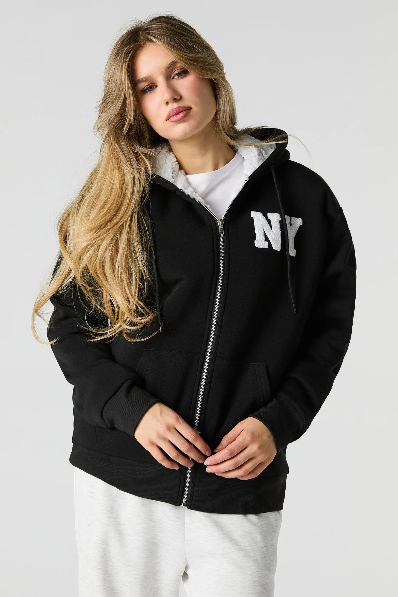 Chenille Embroidered Faux Fur Lined Fleece Hoodie sold by Charlotte Russe product image thumbnail 4