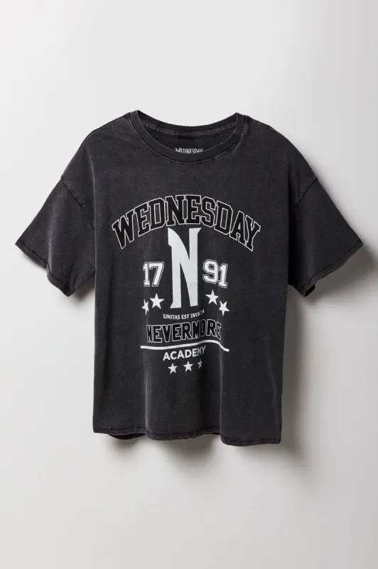Wednesday Graphic Washed Boyfriend T-Shirt sold by Charlotte Russe