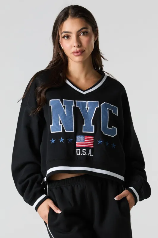 Embroidered V-Neck Contrast Striped Fleece Sweatshirt sold by Charlotte Russe