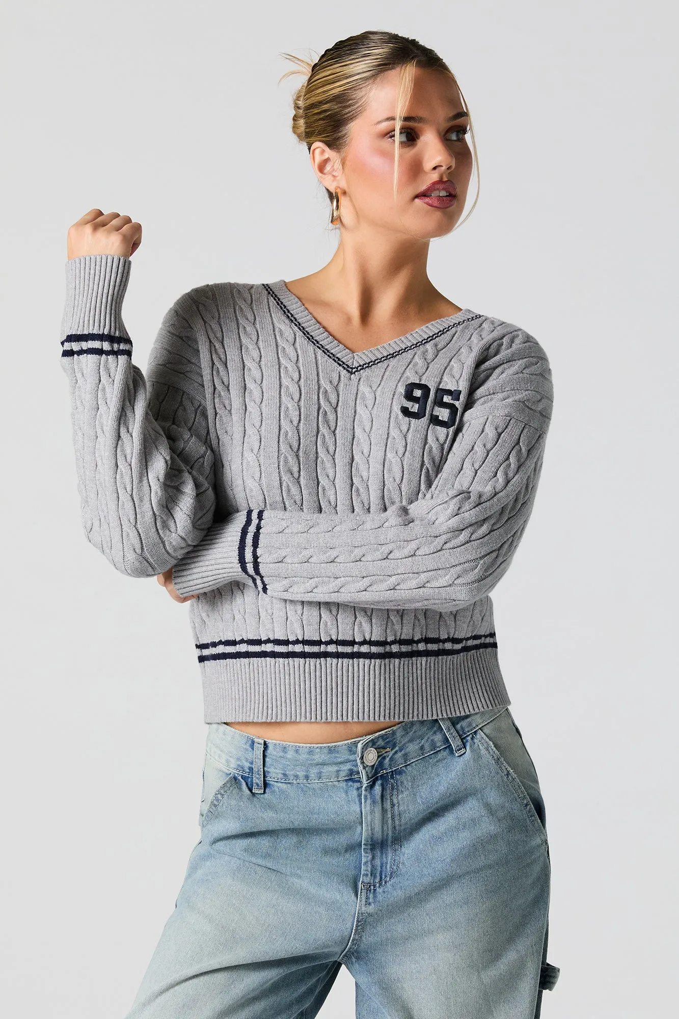 Number Embroidered Cable Knit Sweater sold by Charlotte Russe product image thumbnail 4