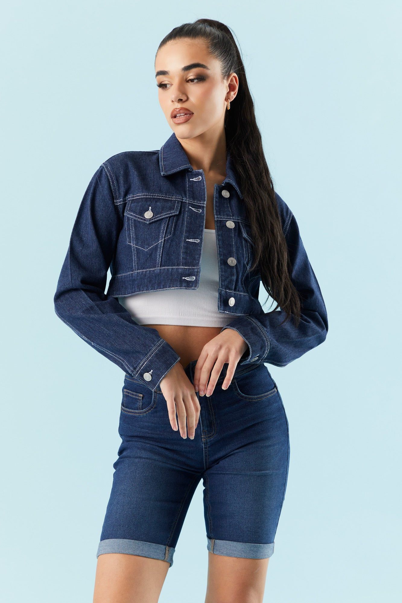 Ultra Cropped Dark Wash Denim Jacket sold by Charlotte Russe