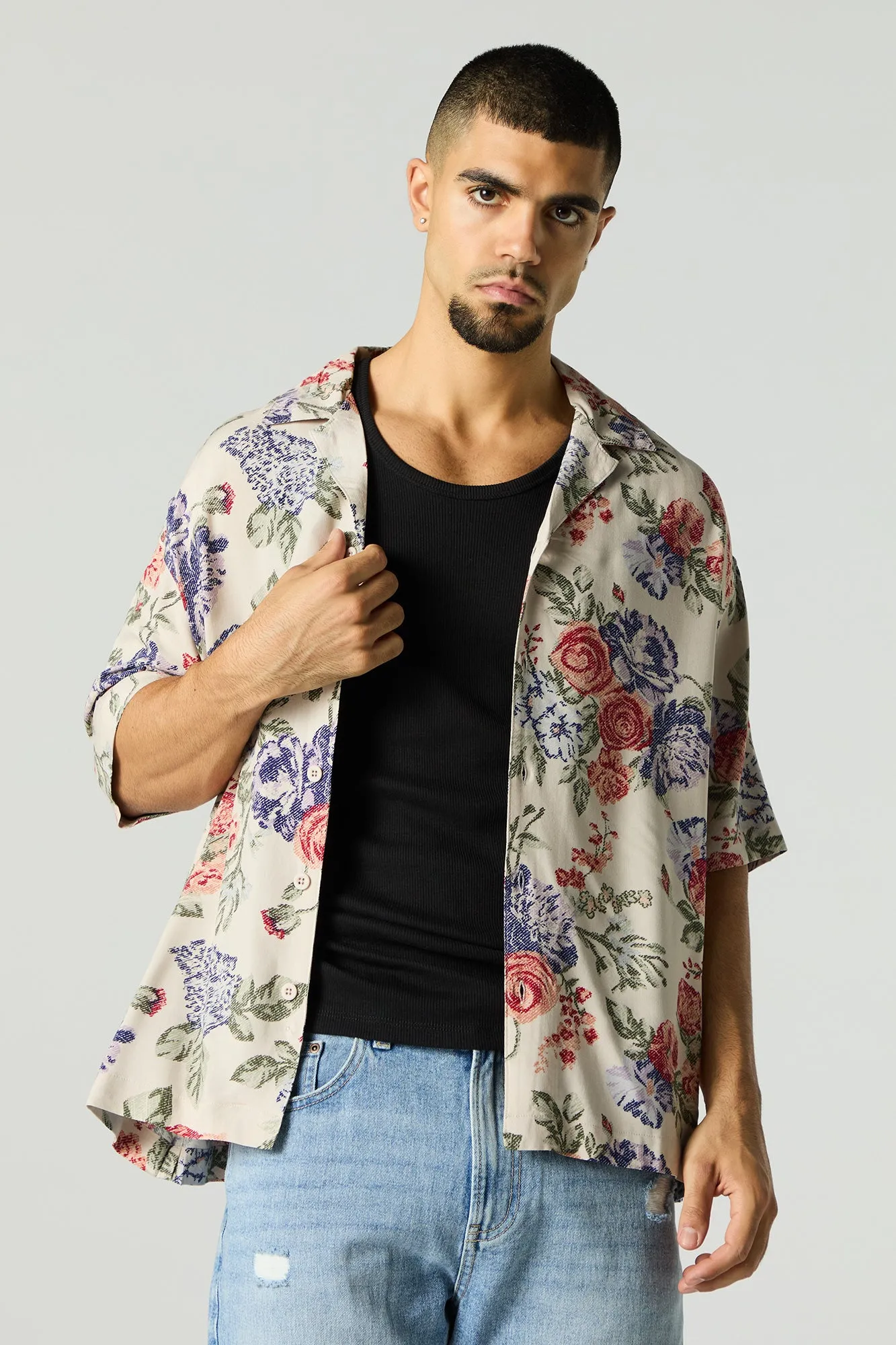 Floral Print Short Sleeve Button-Up Top sold by Charlotte Russe