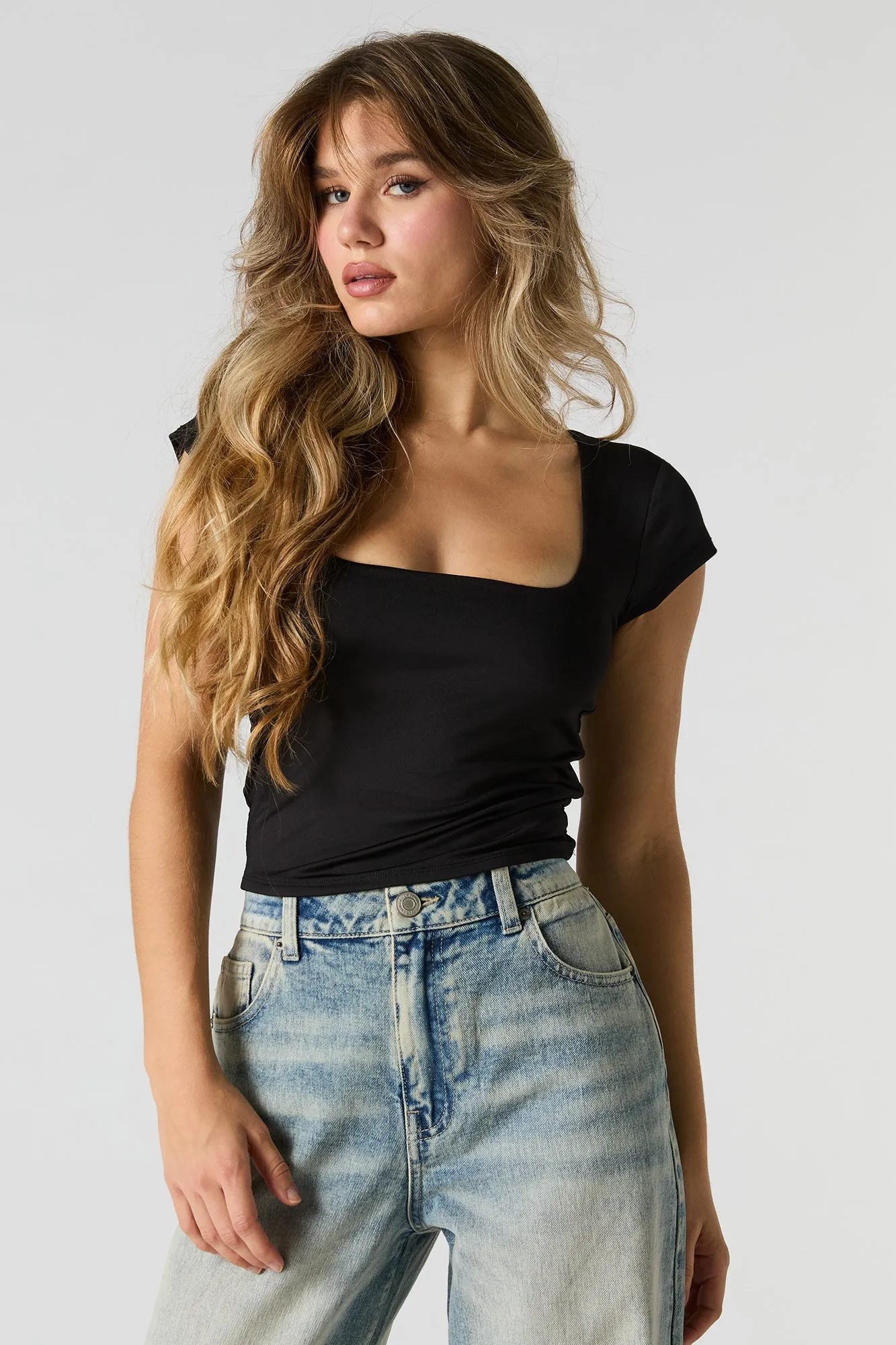 Contour Square Neck Cap Sleeve Crop Top sold by Charlotte Russe product image thumbnail 4