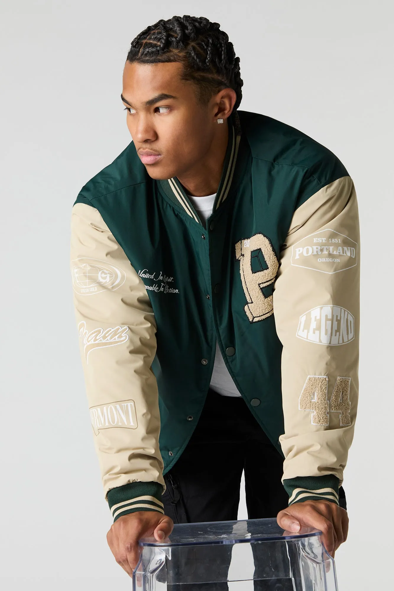 Varsity Bomber Jacket sold by Charlotte Russe