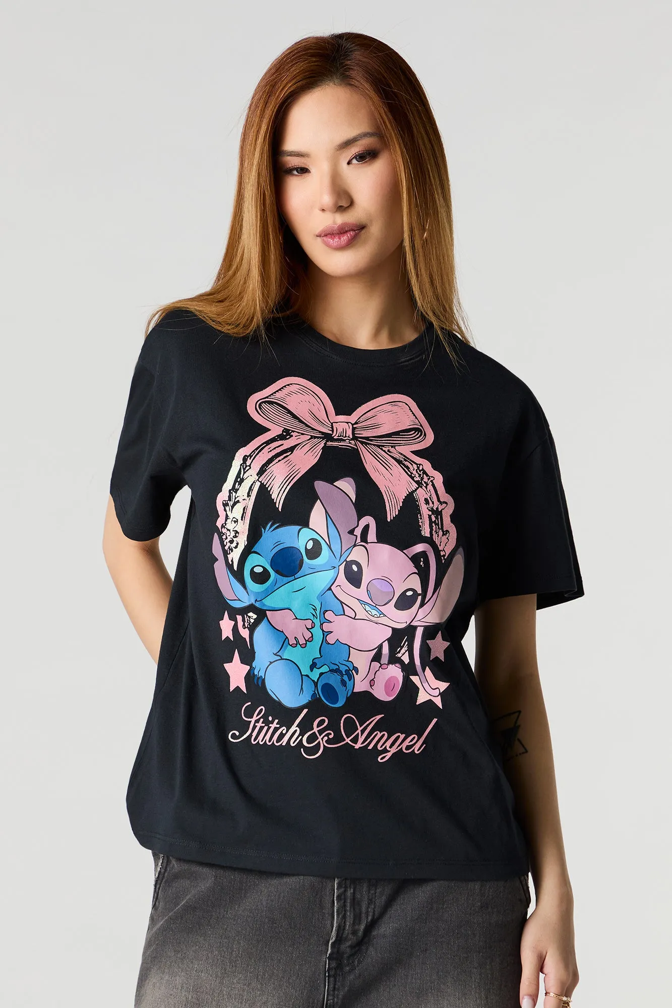 Stitch & Angel Graphic Boyfriend T-Shirt sold by Charlotte Russe
