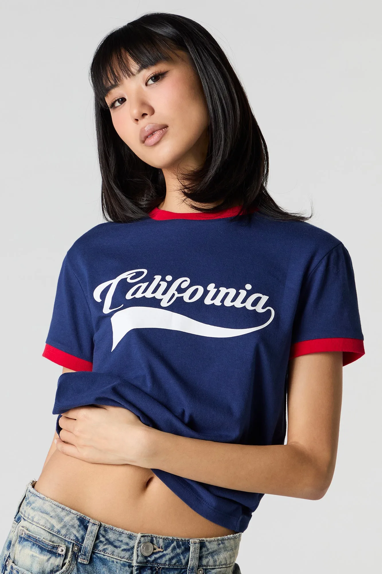 Graphic Fitted Ringer T-Shirt sold by Charlotte Russe