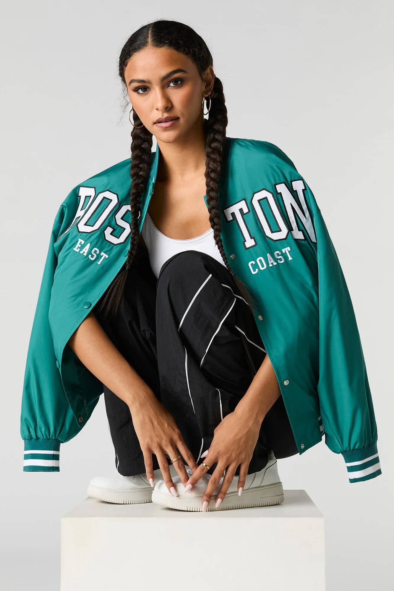 City Twill Embroidered Varsity Jacket sold by Charlotte Russe