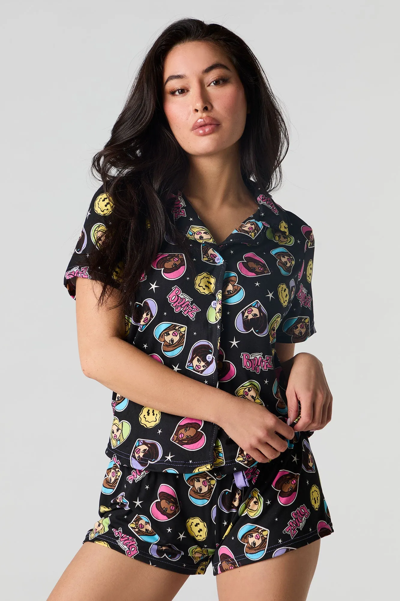 Cartoon Print Button-Up Top & Short 2 Piece Pajama Set sold by Charlotte Russe product image thumbnail 4