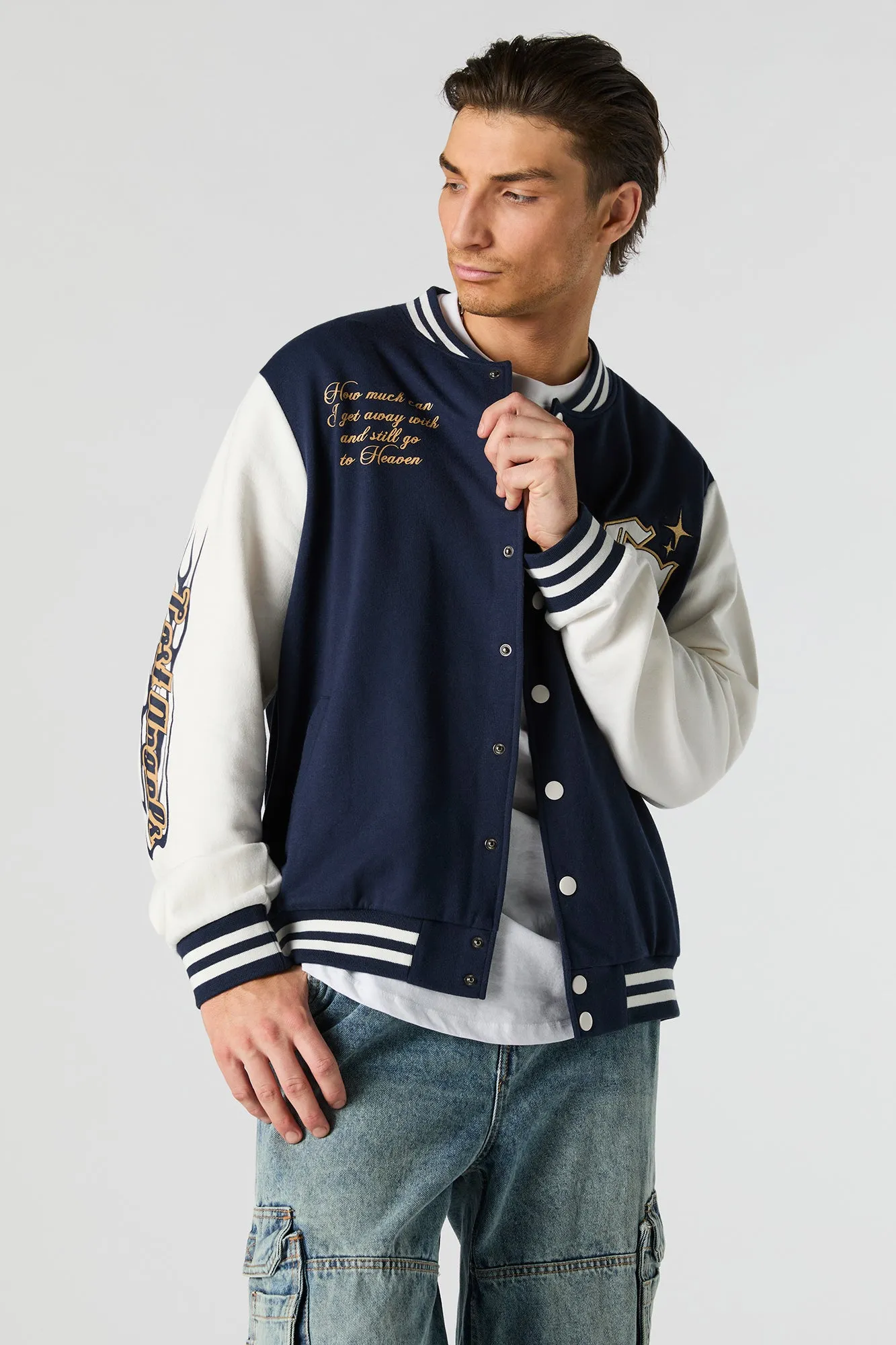 Embroidered Graphic Fleece Varsity Jacket sold by Charlotte Russe