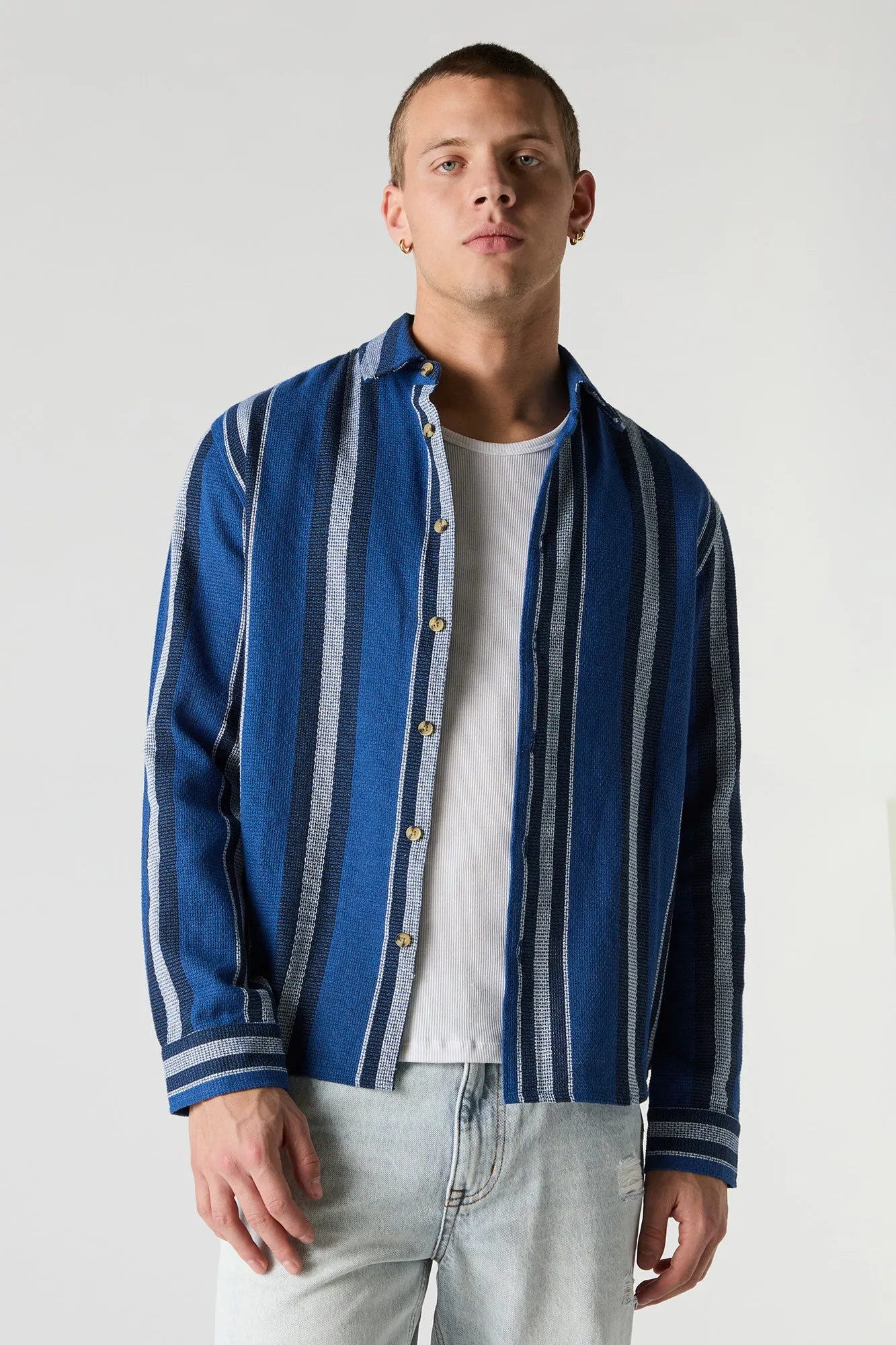 Textured Striped Collared Button-Up Top sold by Charlotte Russe