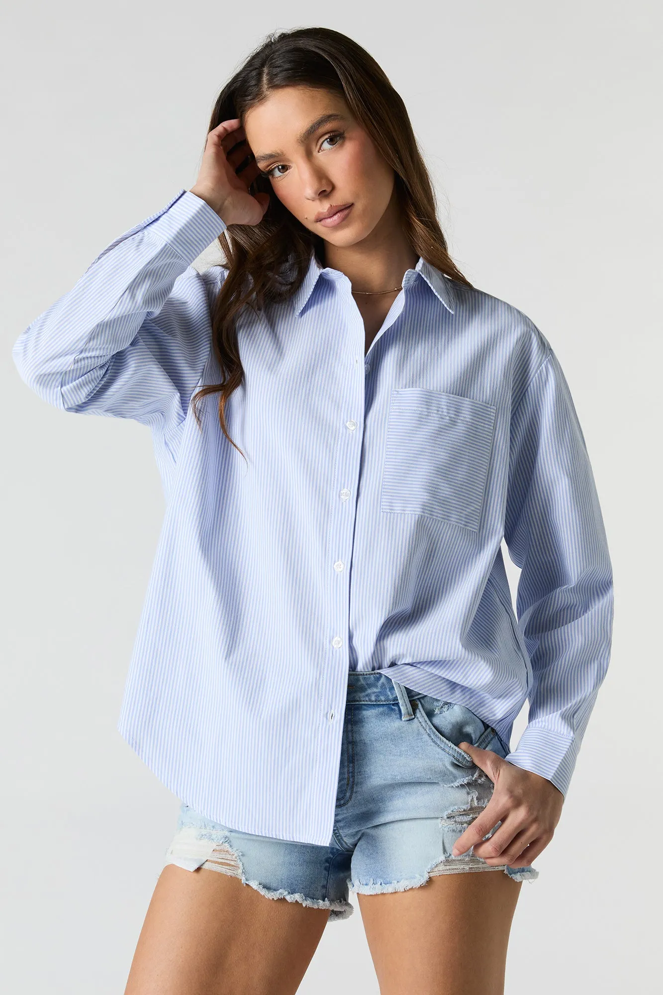 Striped Oversized Button-Up Top sold by Charlotte Russe