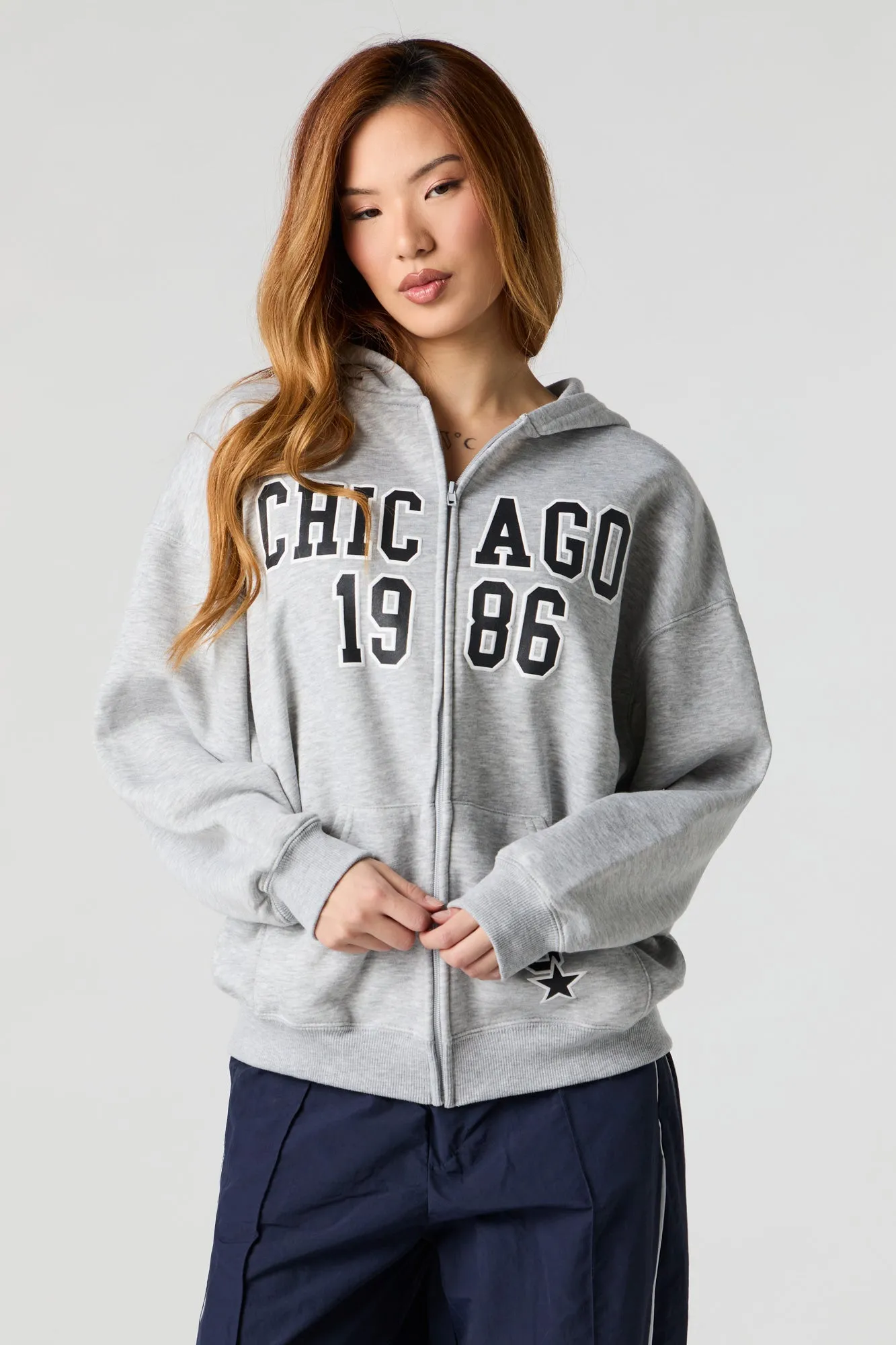 Oversized Printed Zip-Up Fleece Hoodie sold by Charlotte Russe product image thumbnail 4