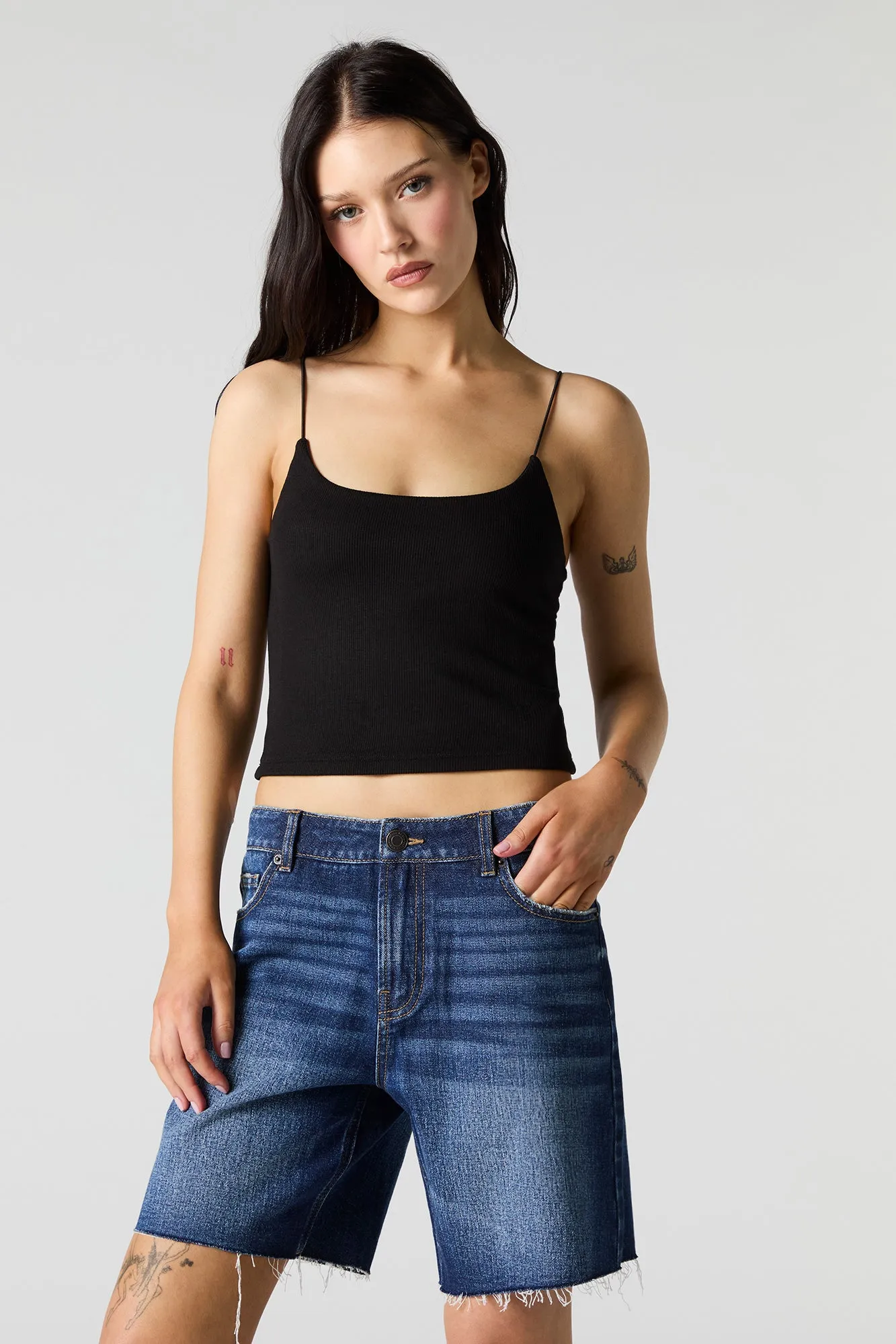 Dark Wash Frayed Jort sold by Charlotte Russe