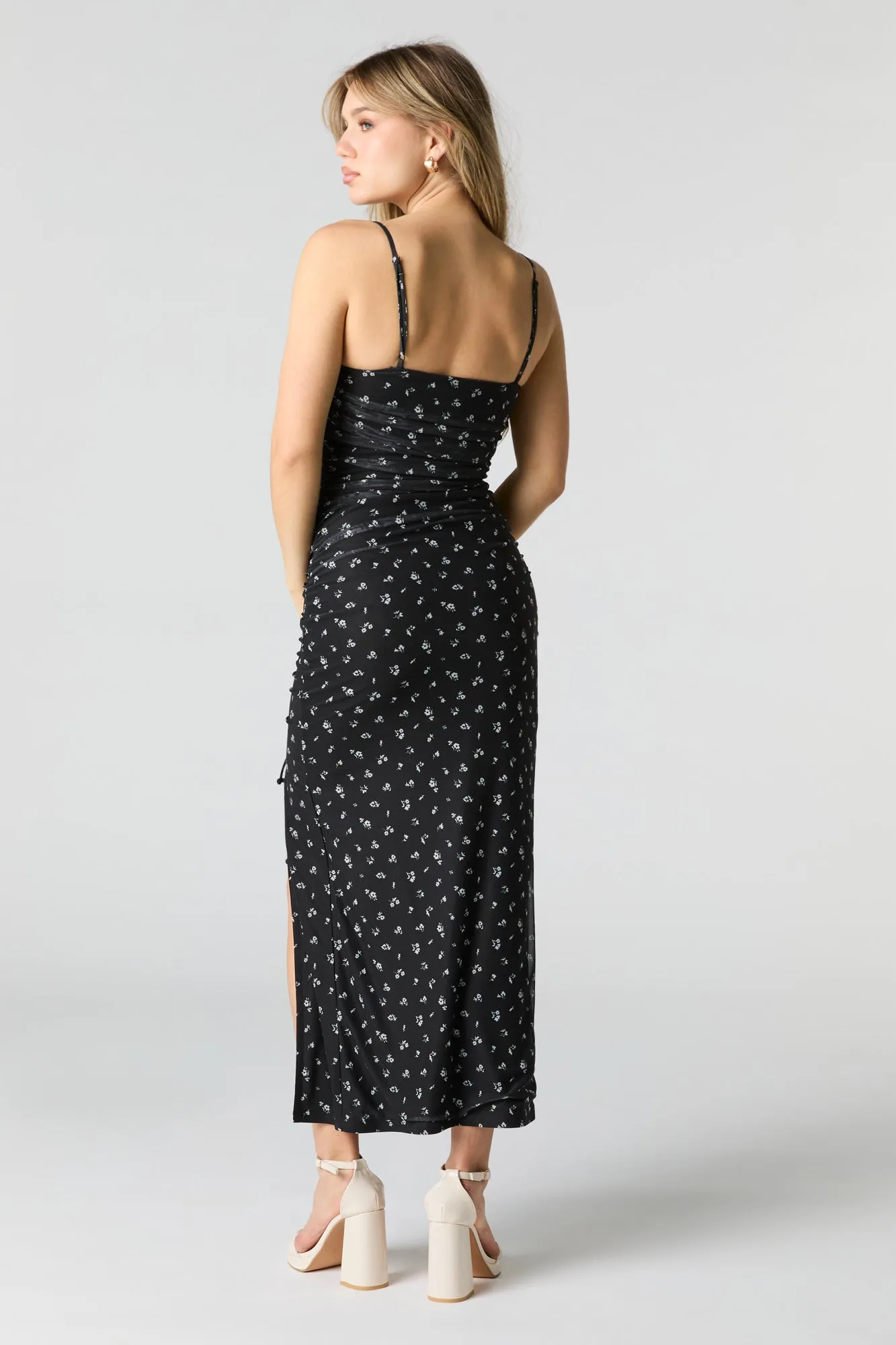 Floral Mesh Ruched Slit Midi Dress sold by Charlotte Russe product image thumbnail 4