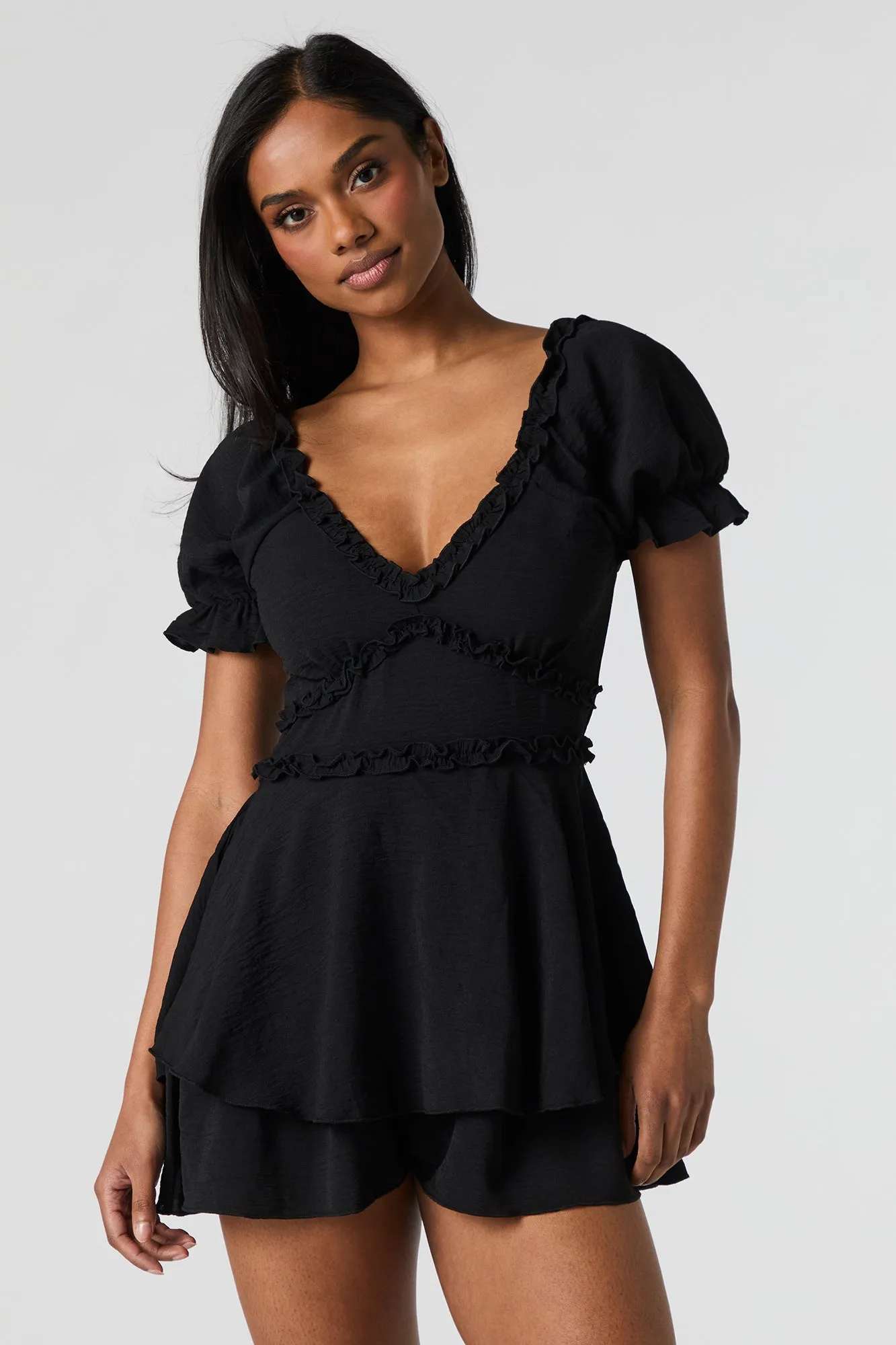 Ruffle Trim Puff Sleeve Tiered Romper sold by Charlotte Russe product image thumbnail 4