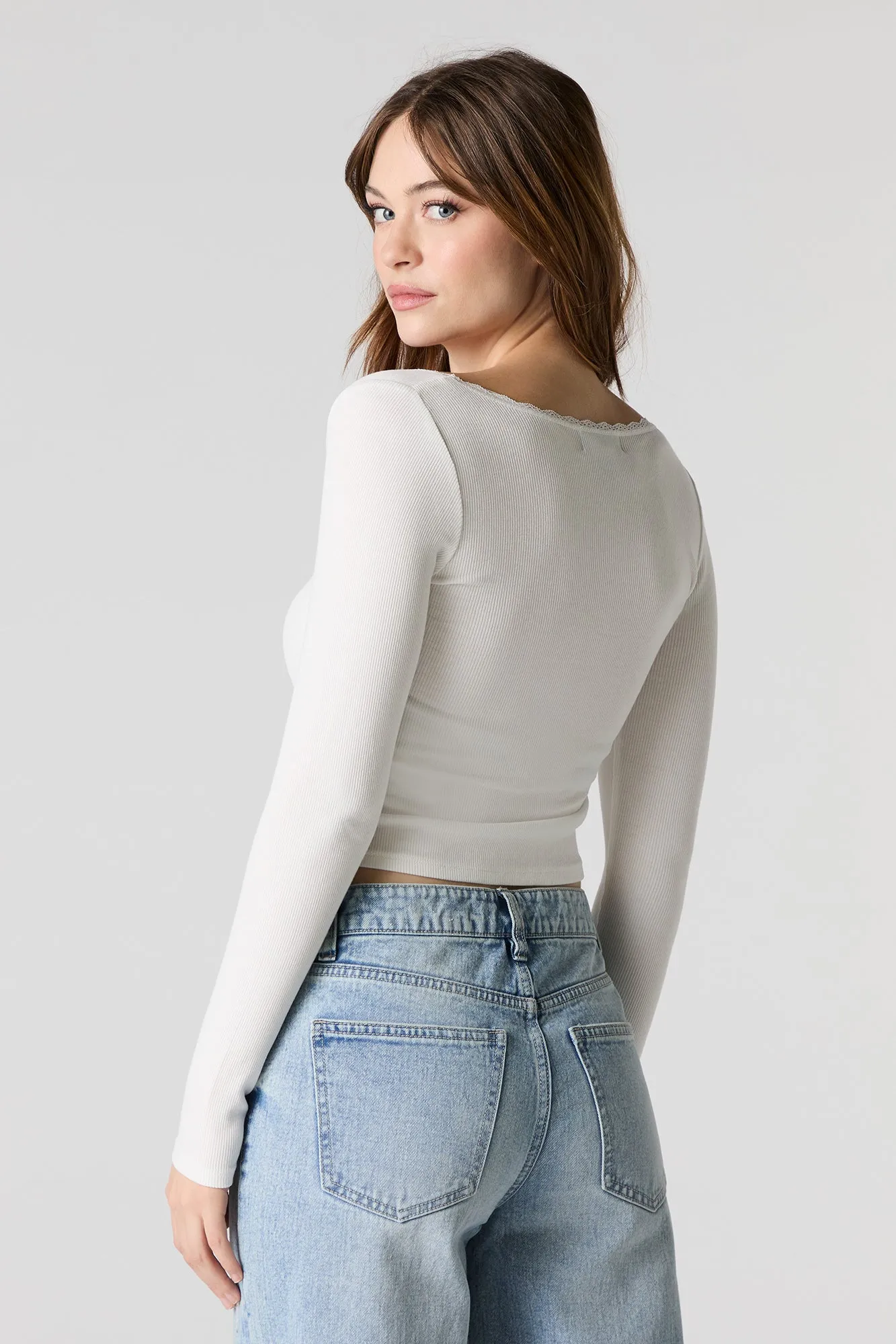 Ribbed Rosette Lace Trim Long Sleeve Top sold by Charlotte Russe product image thumbnail 2