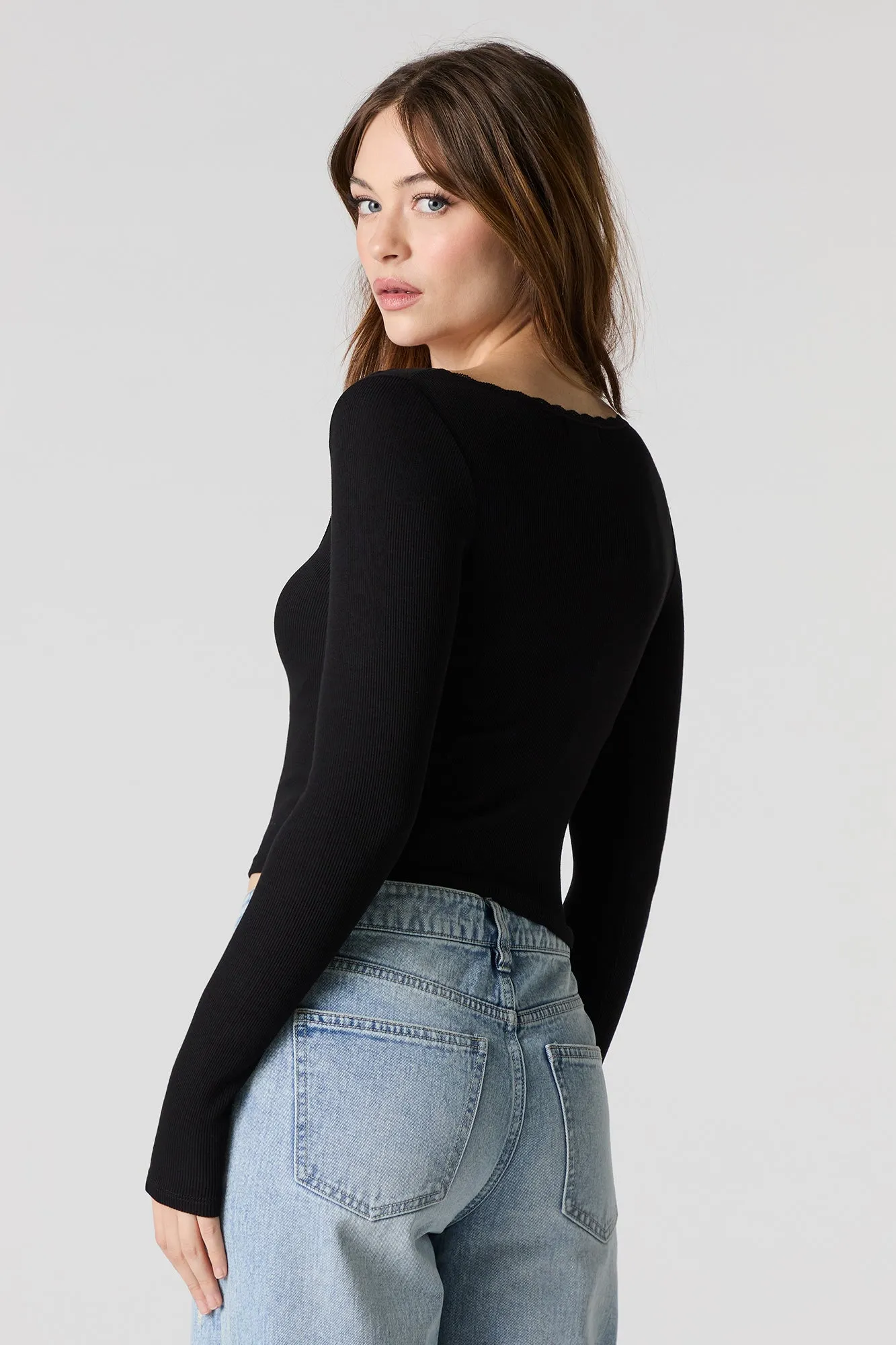 Ribbed Rosette Lace Trim Long Sleeve Top sold by Charlotte Russe product image thumbnail 5