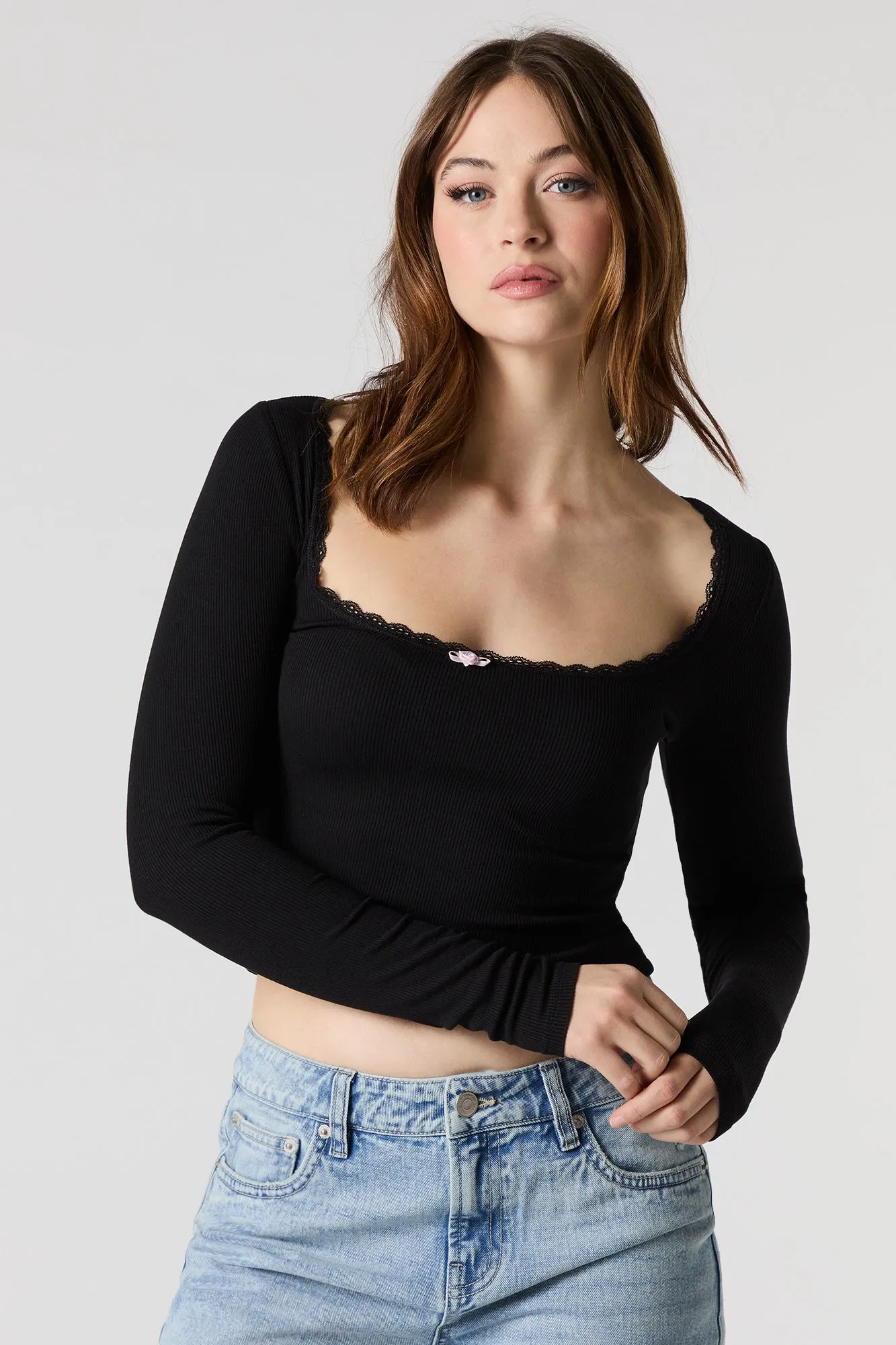 Ribbed Rosette Lace Trim Long Sleeve Top sold by Charlotte Russe product image thumbnail 4