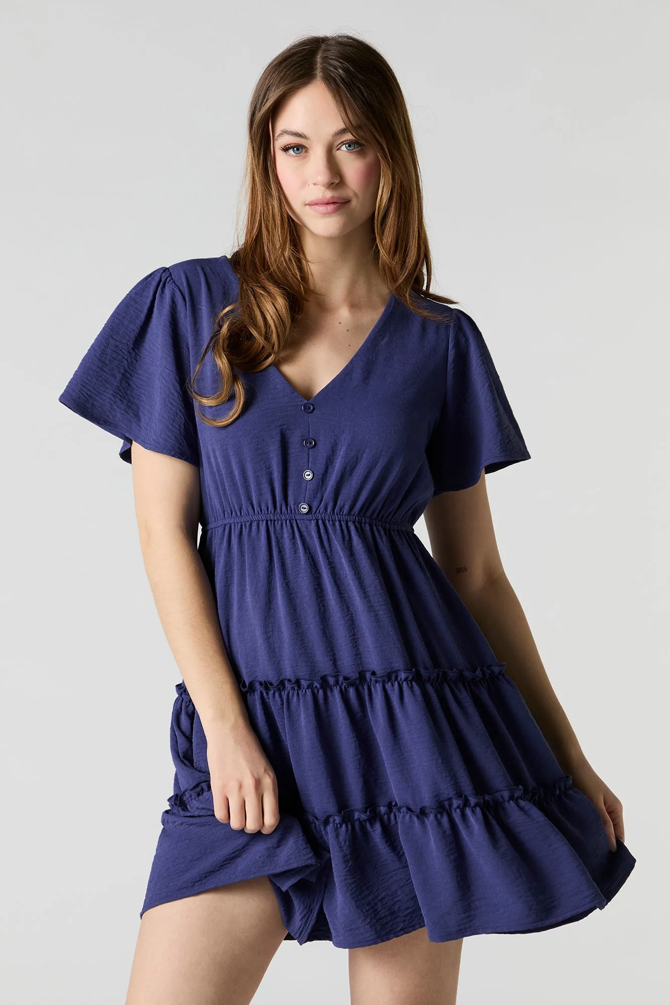 Button Front Short Sleeve Tiered Mini Dress sold by Charlotte Russe