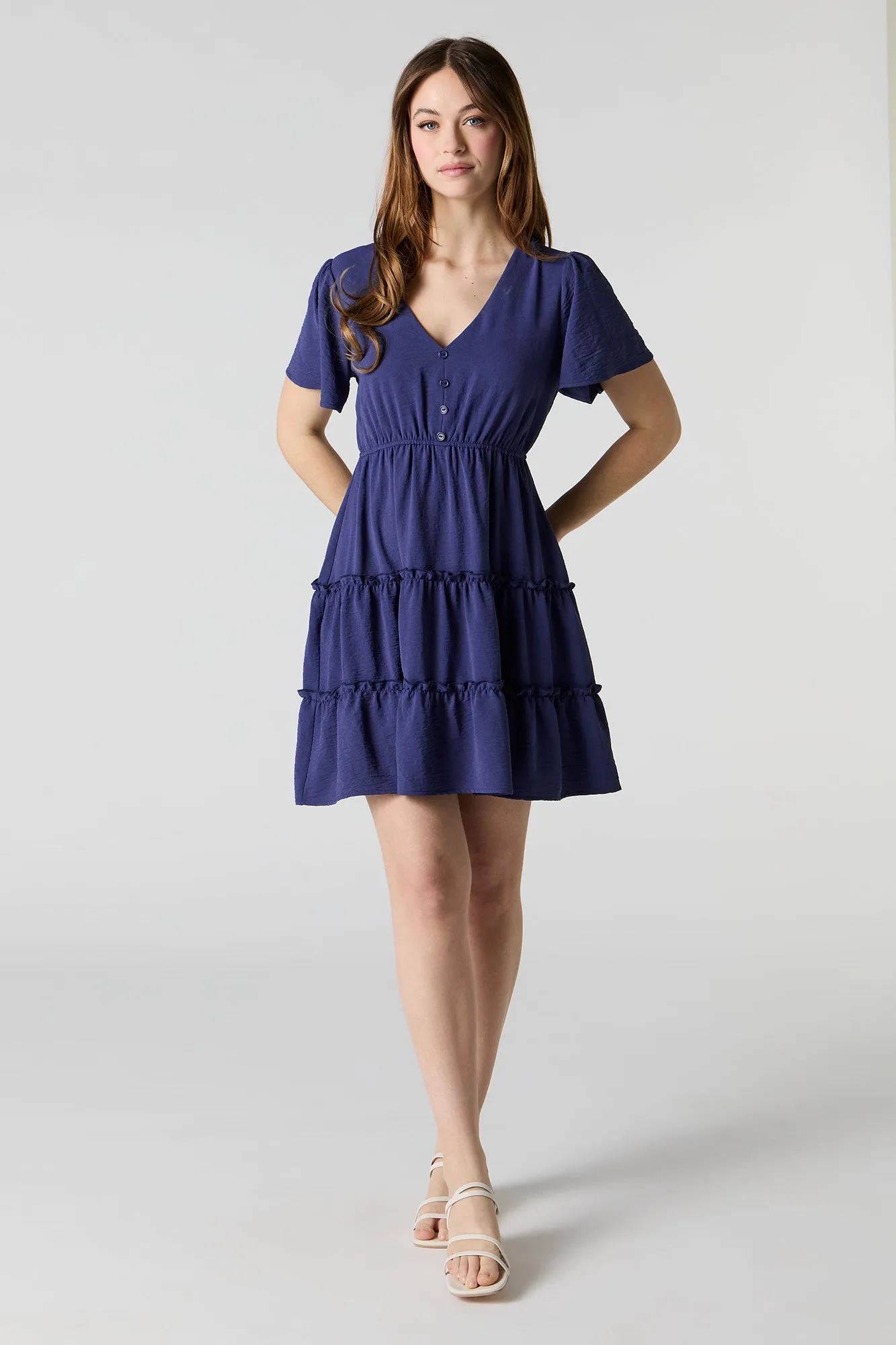Button Front Short Sleeve Tiered Mini Dress sold by Charlotte Russe product image thumbnail 3