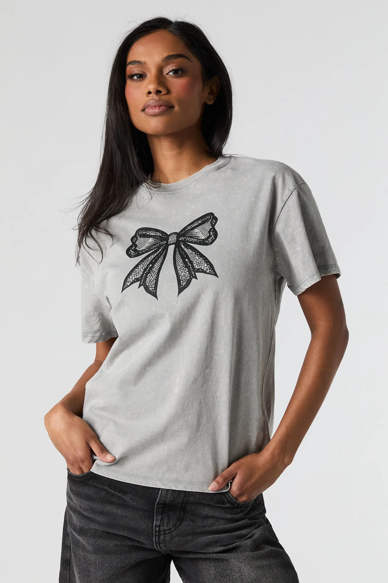 Bow Graphic Washed Boyfriend T-Shirt sold by Charlotte Russe