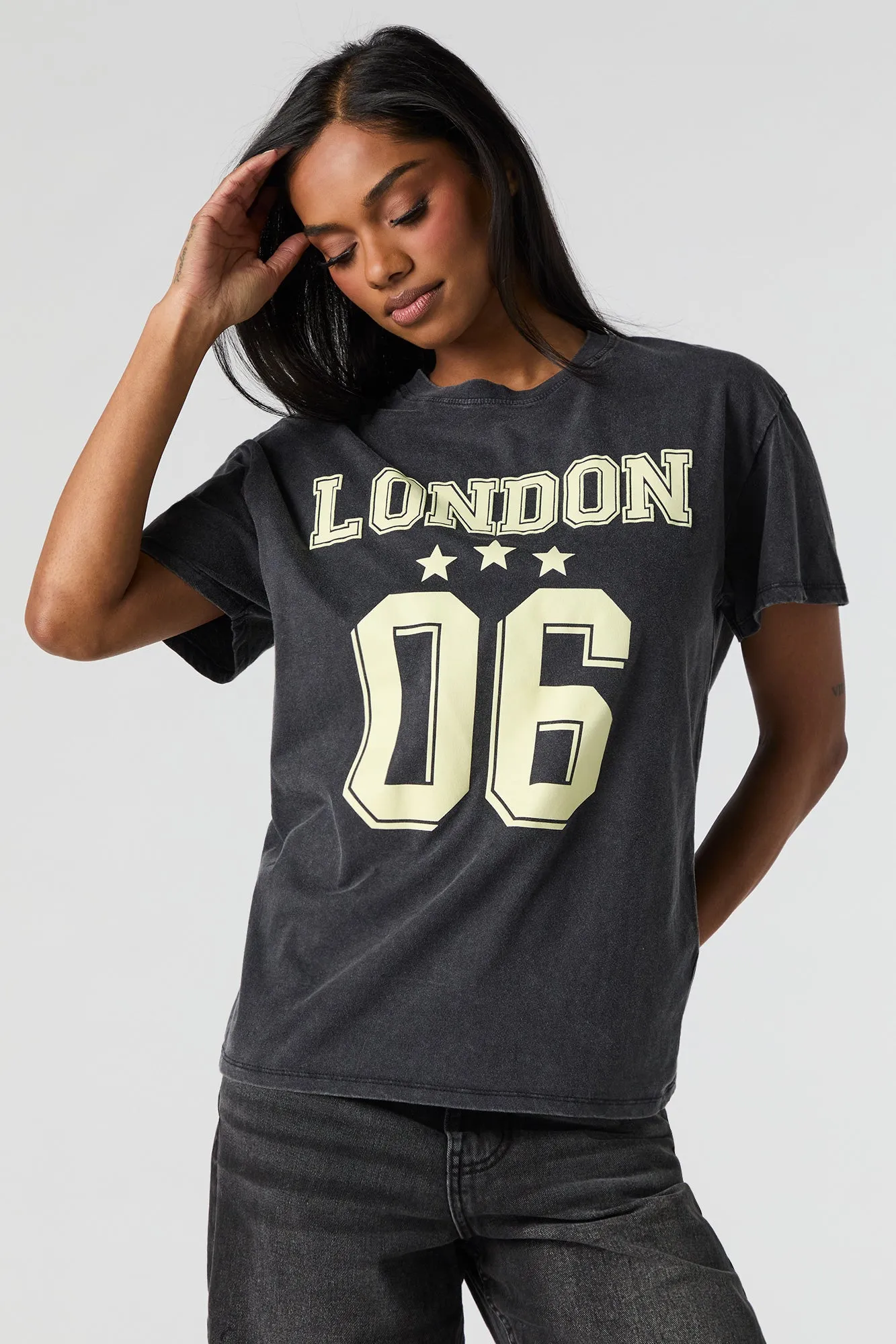 London 06 Graphic Washed Boyfriend T-Shirt sold by Charlotte Russe
