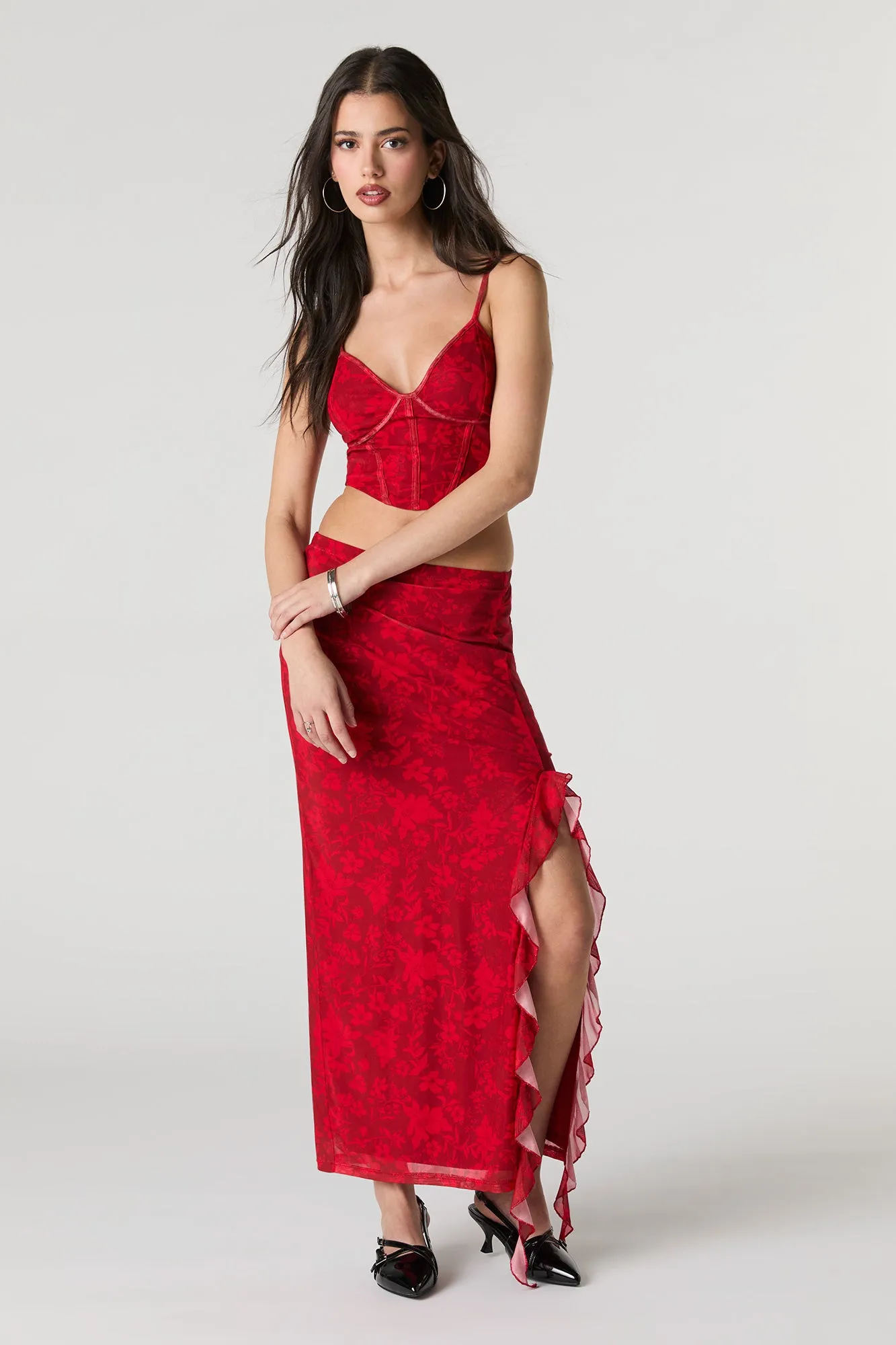 Mesh Ruffle Slit Midi Skirt sold by Charlotte Russe product image thumbnail 4