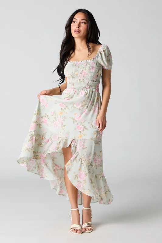 Floral Chiffon Asymmetrical Milkmaid Dress sold by Charlotte Russe