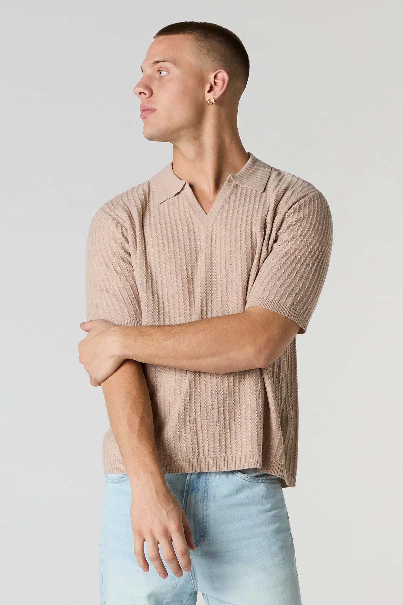 Textured Knit Polo Top sold by Charlotte Russe