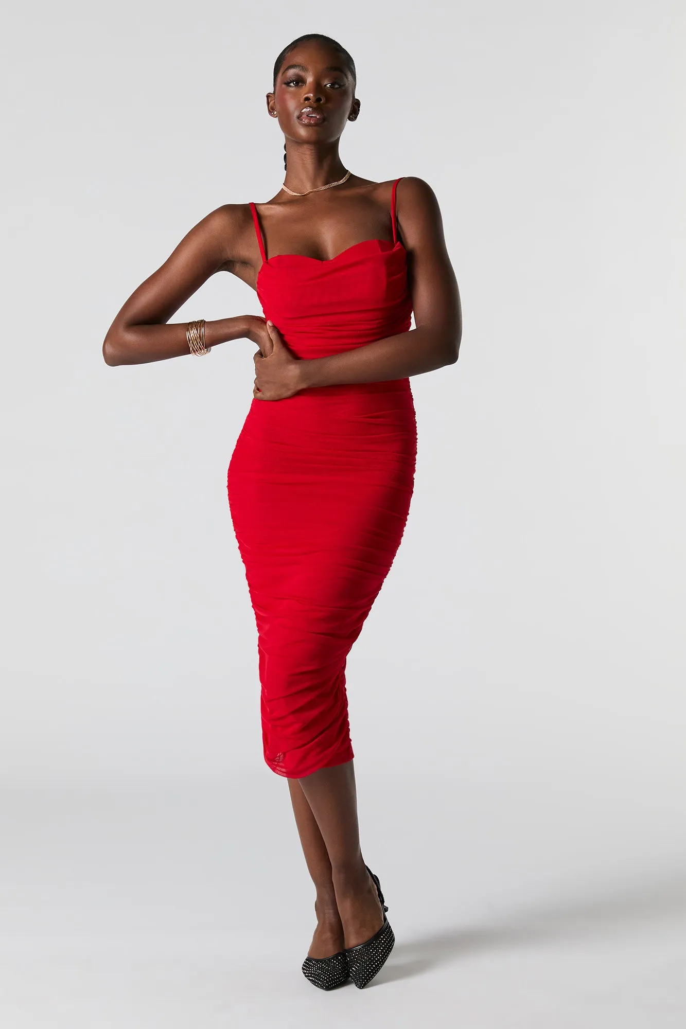 Mesh Ruched Bustier Midi Dress sold by Charlotte Russe