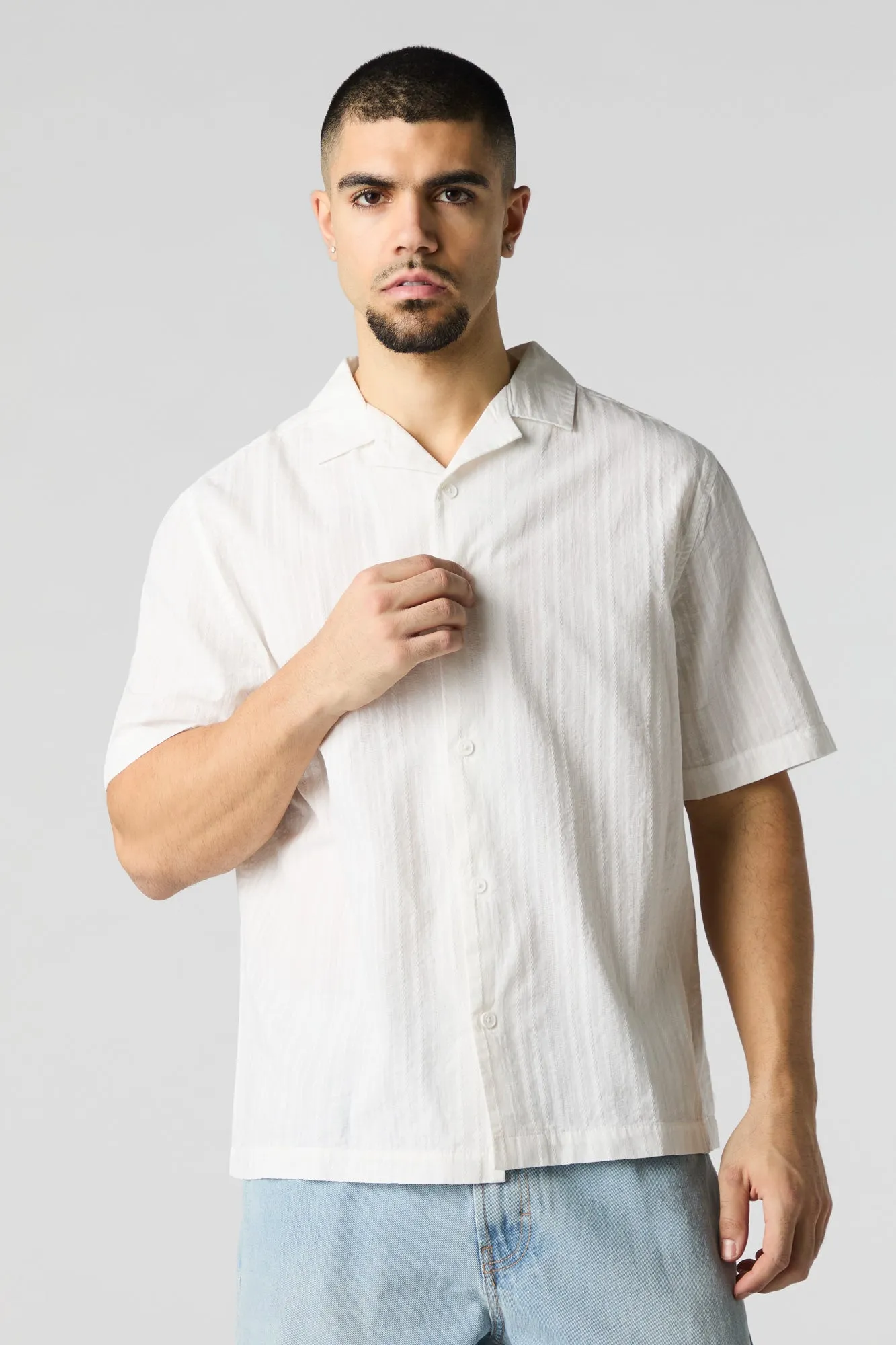 Textured Short Sleeve Button-Up Top sold by Charlotte Russe