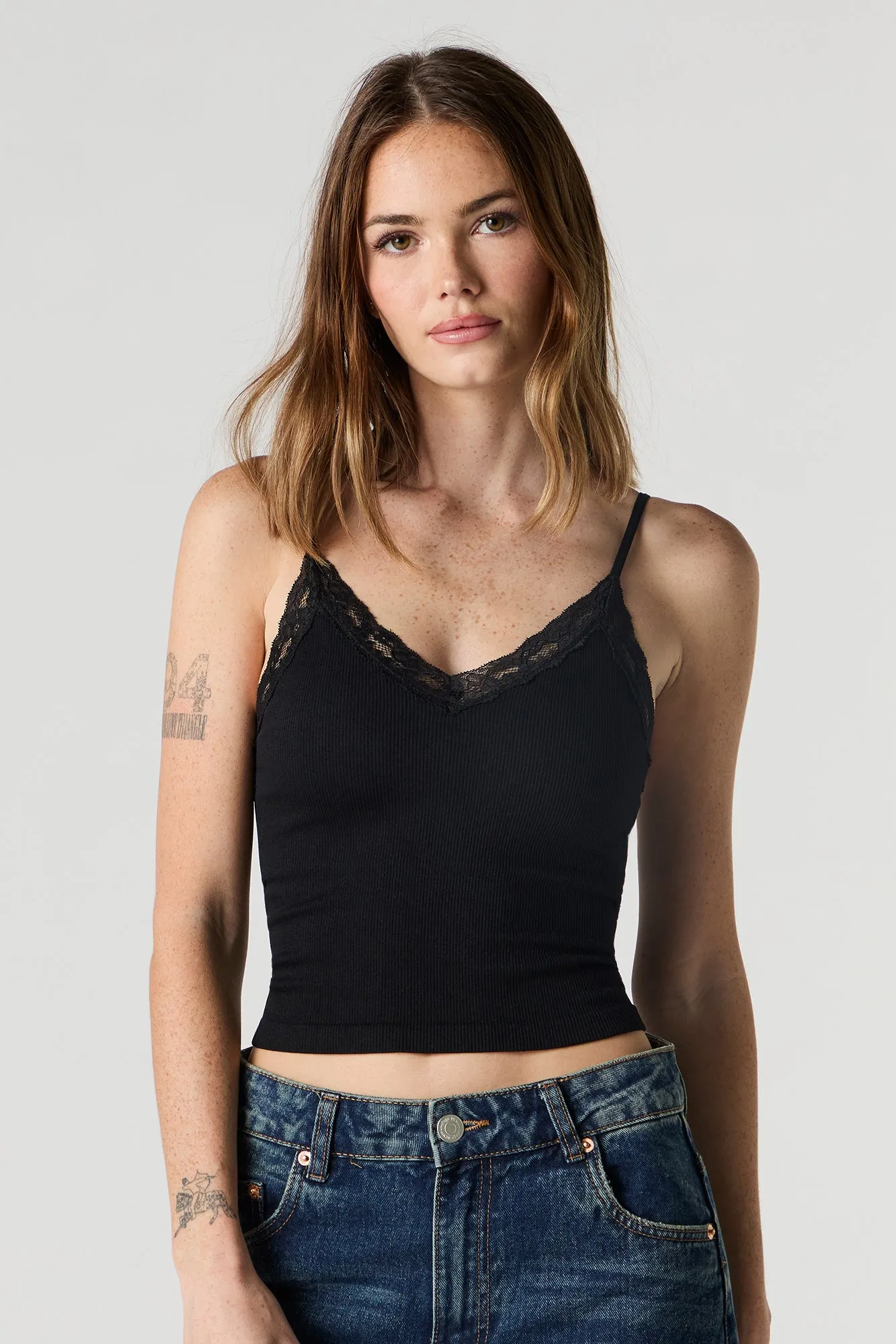 Seamless Ribbed V-Neck Lace Trim Cami with Built-In Cups sold by Charlotte Russe product image thumbnail 4