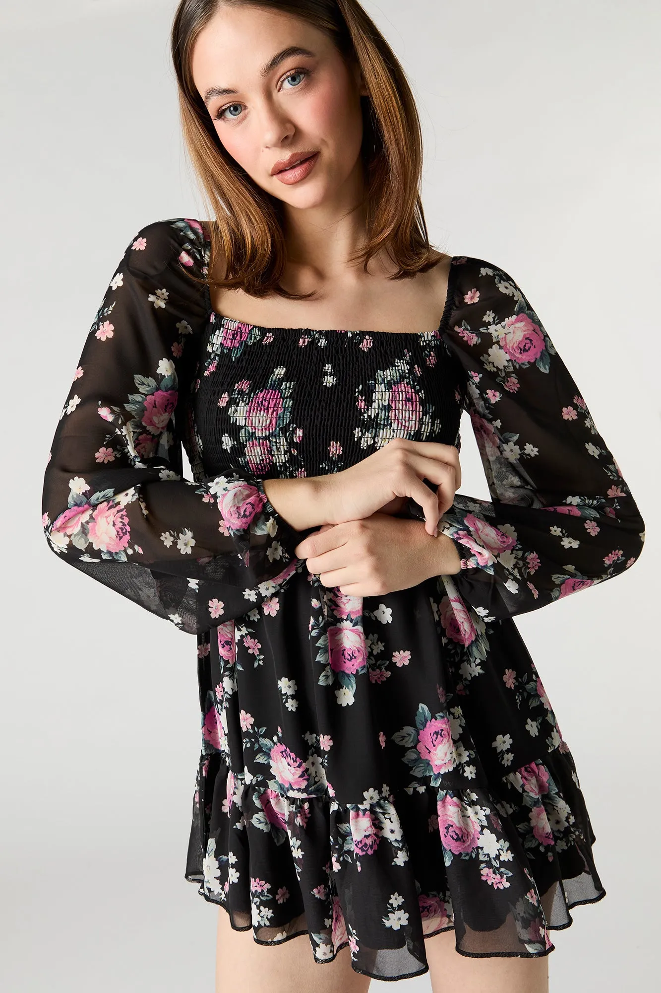 Floral Chiffon Smocked Long Sleeve Mini Dress sold by Charlotte Russe