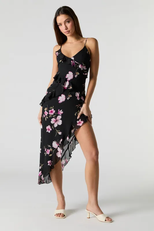 Floral Chiffon Ruffle Asymmetrical Midi Dress sold by Charlotte Russe