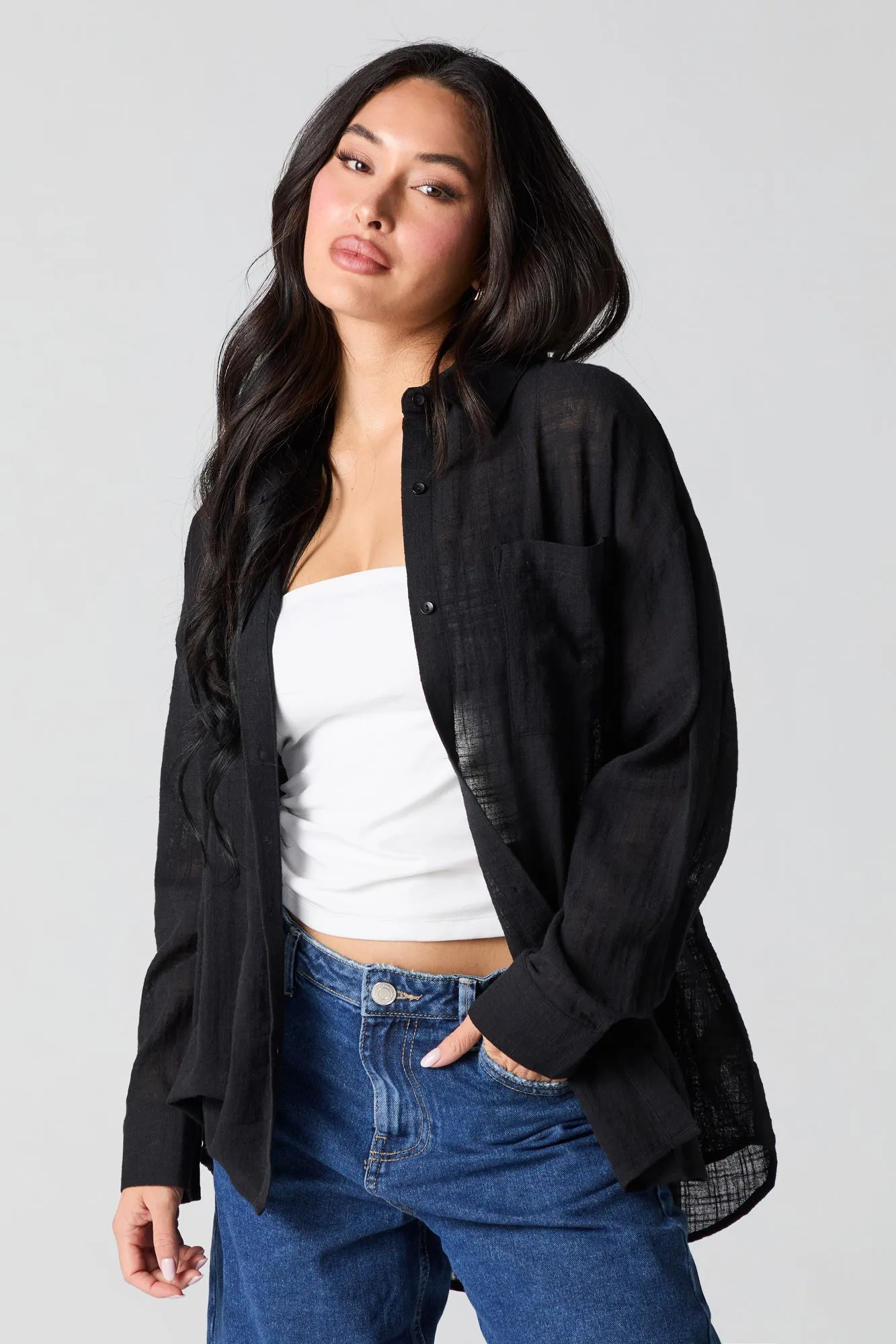 Semi Sheer Oversized Button-Up Top sold by Charlotte Russe product image thumbnail 4