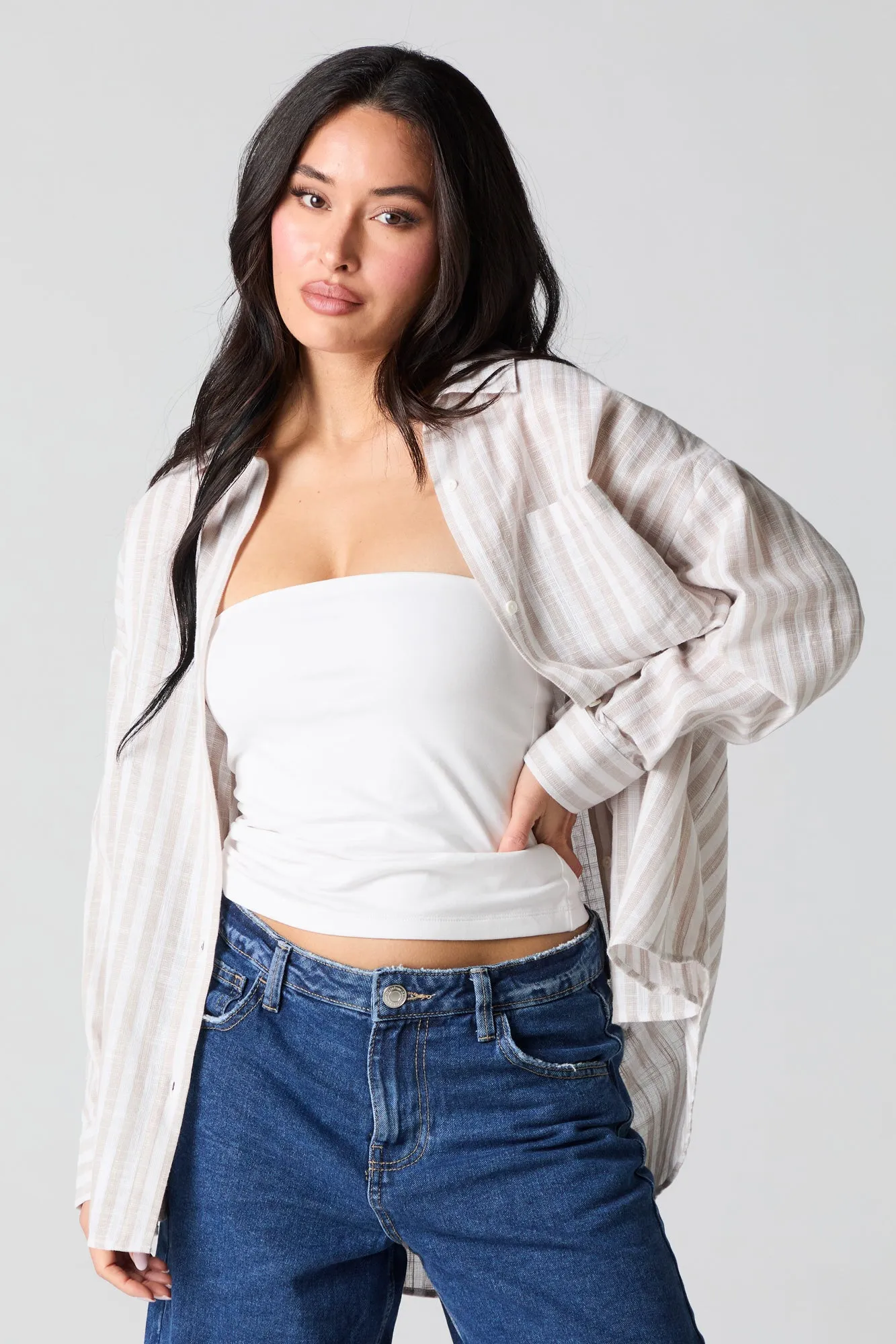 Semi Sheer Oversized Button-Up Top sold by Charlotte Russe