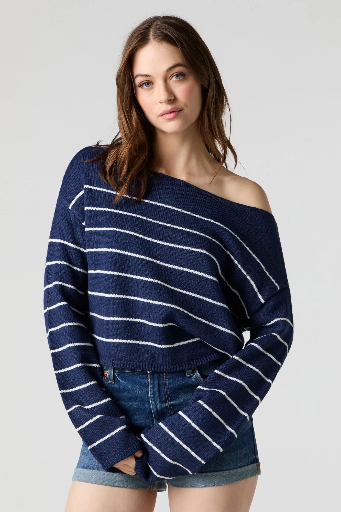 Knit Off Shoulder Striped Sweater sold by Charlotte Russe product image thumbnail 4