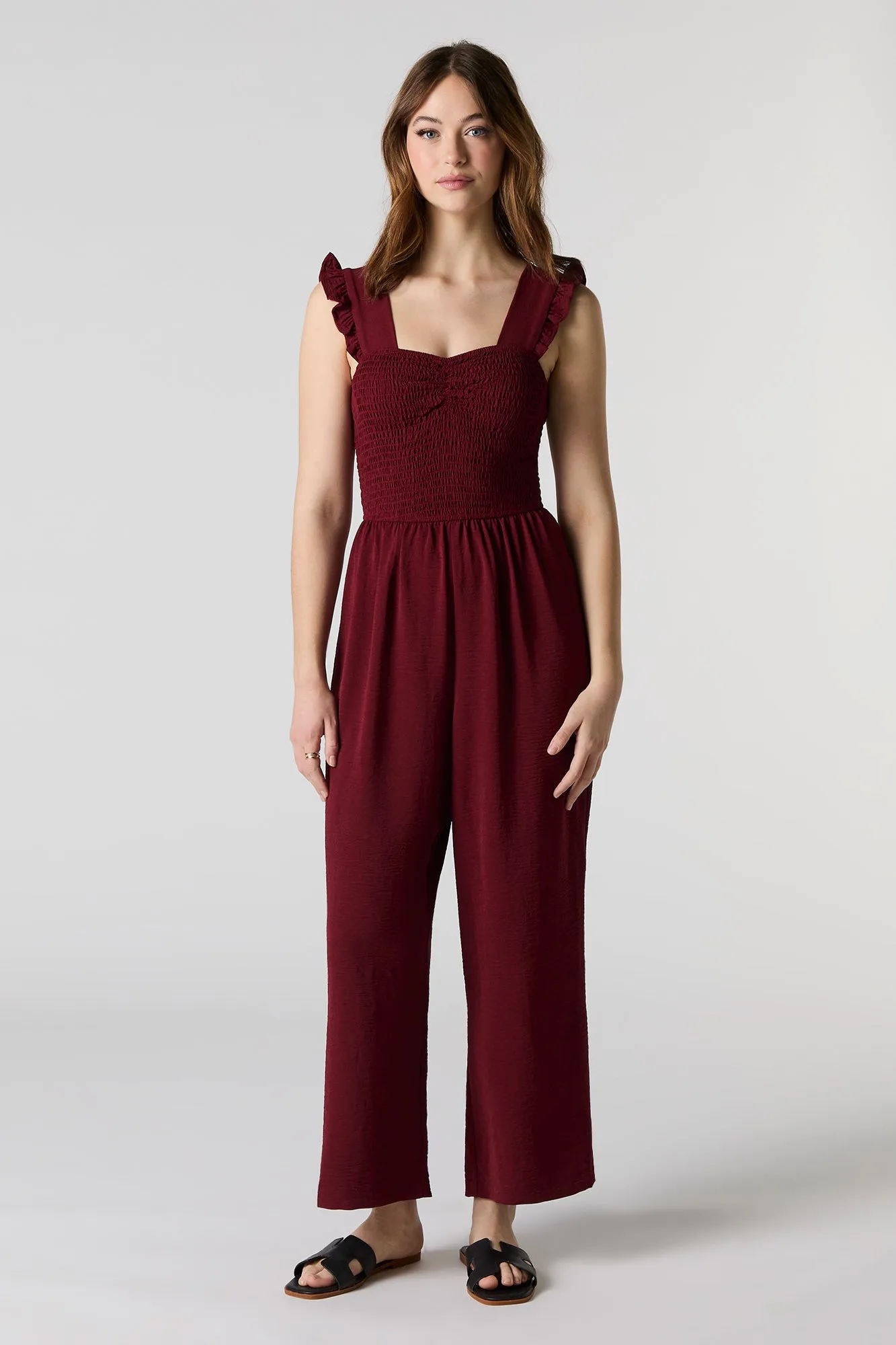 Smocked Flutter Strap Wide Leg Jumpsuit sold by Charlotte Russe product image thumbnail 4