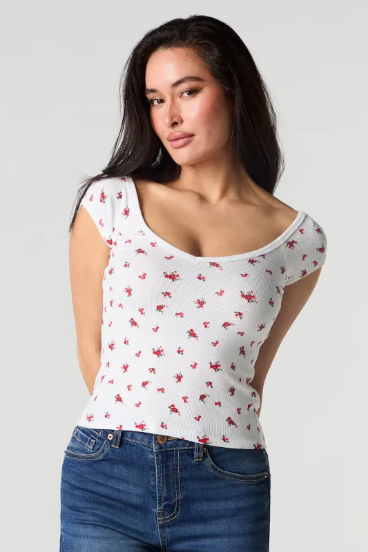 Ribbed V-Neck Cap Sleeve T-Shirt sold by Charlotte Russe