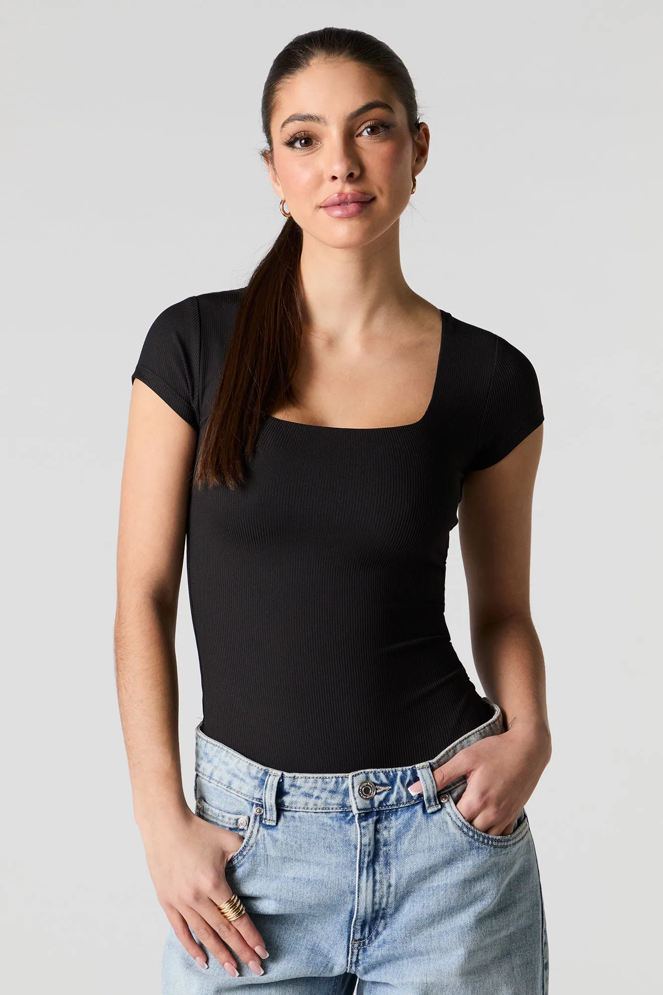 Ribbed Square Neck Short Sleeve Bodysuit sold by Charlotte Russe product image thumbnail 5