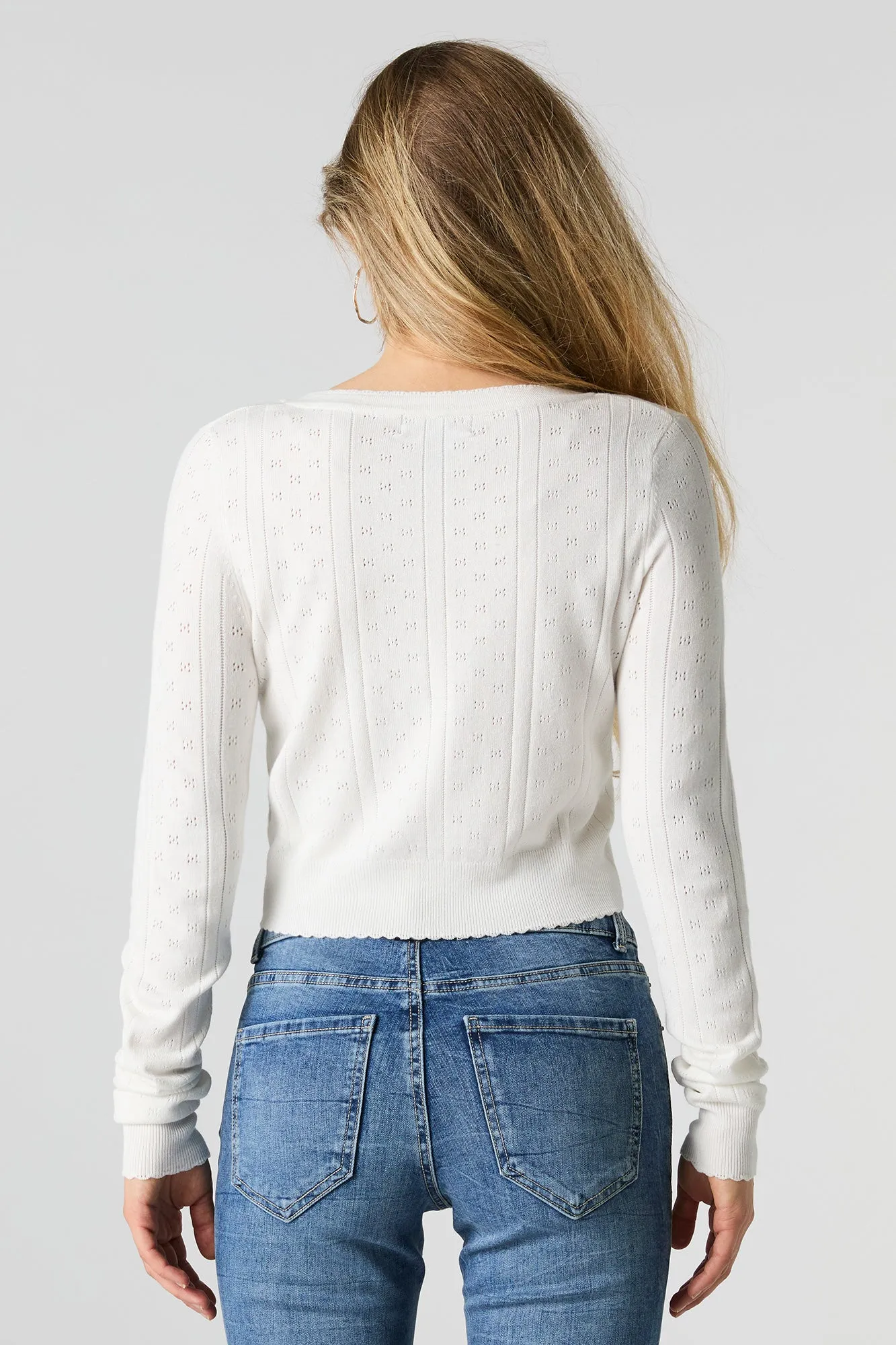 Pointelle Knit Button-Up Cropped Cardigan sold by Charlotte Russe product image thumbnail 2