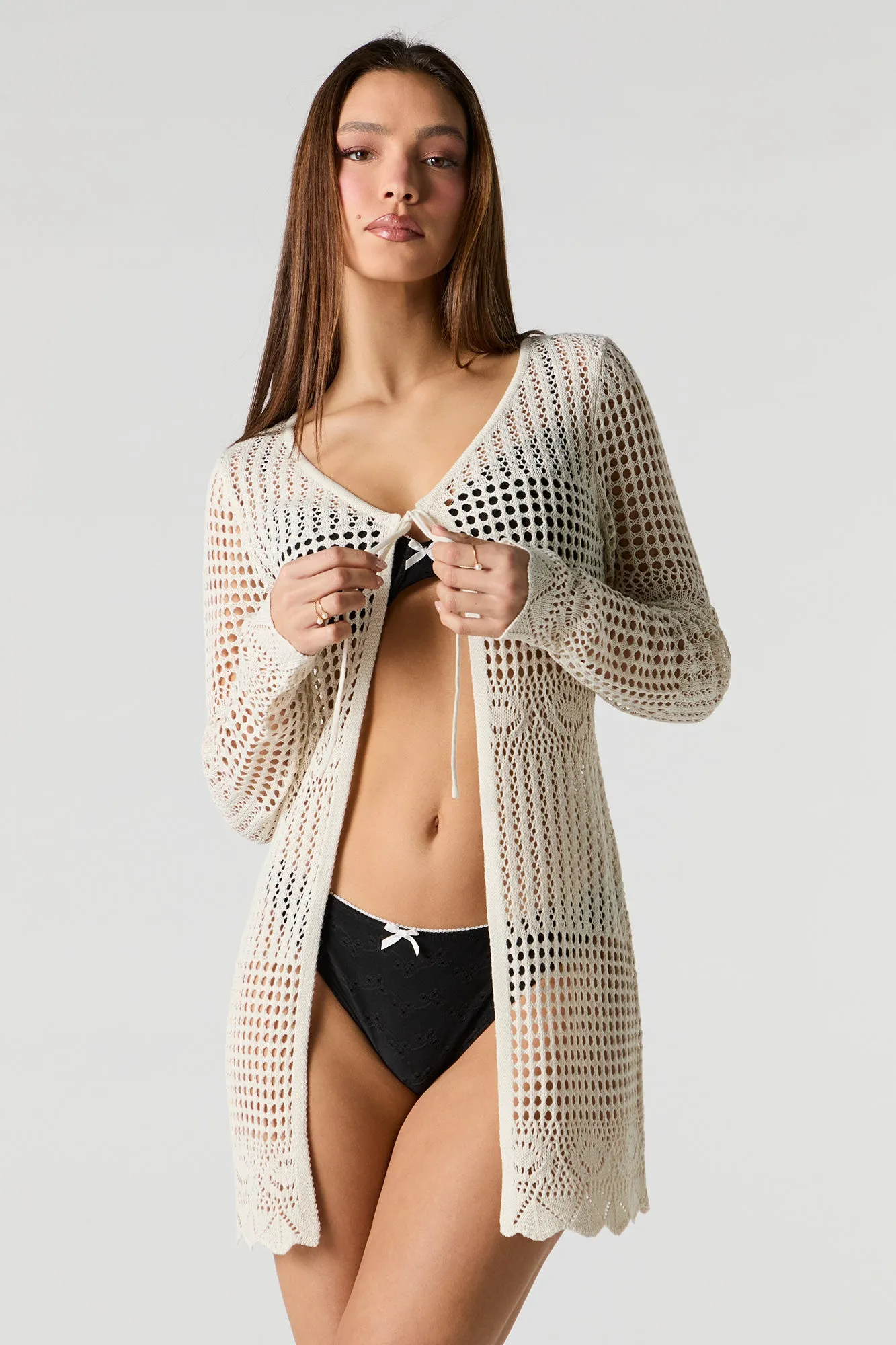 Open Crochet Knit Tie Front Long Sleeve Cover Up sold by Charlotte Russe product image thumbnail 4