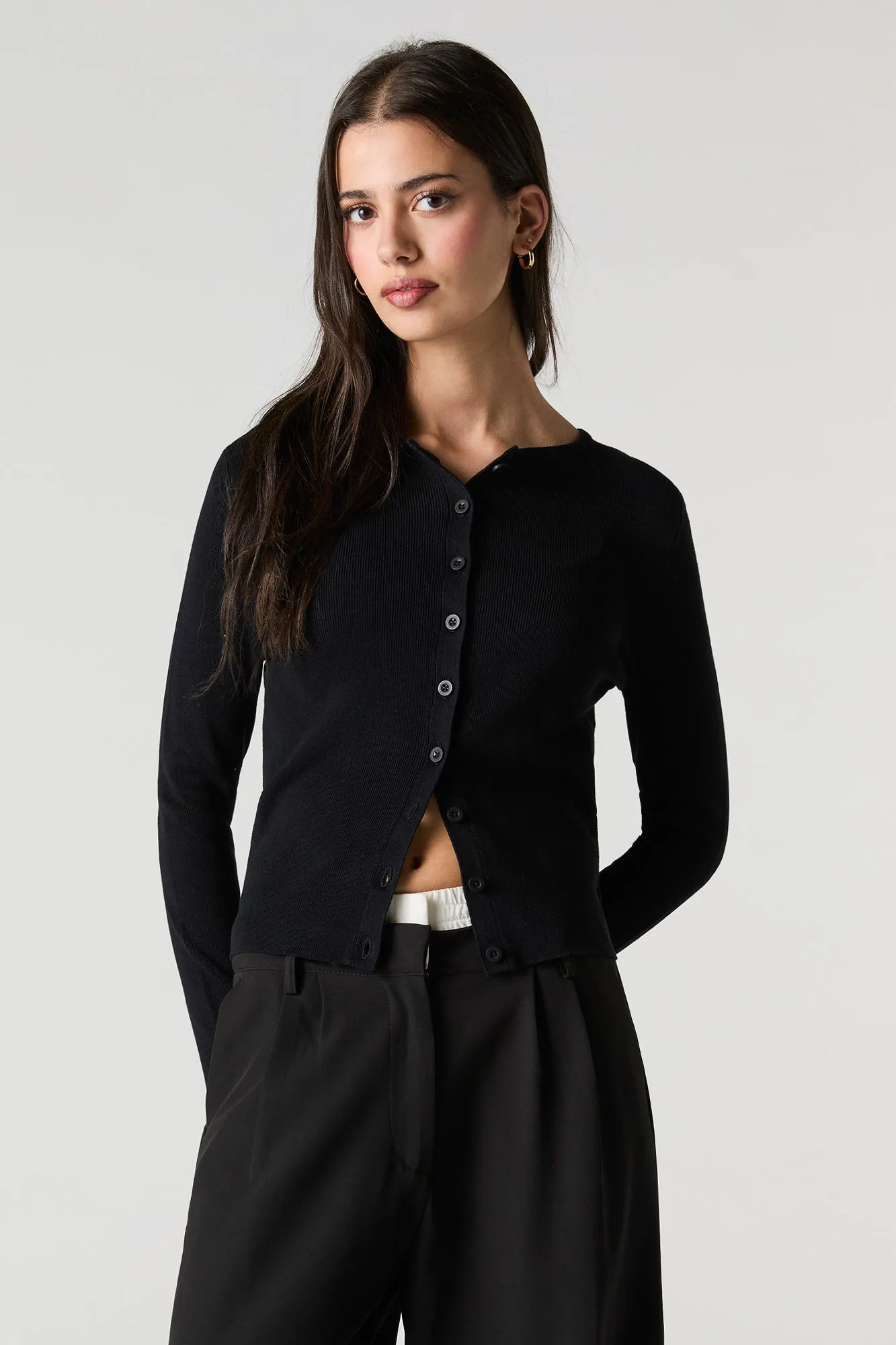 Ribbed Knit Button-Up Cardigan Sweater sold by Charlotte Russe