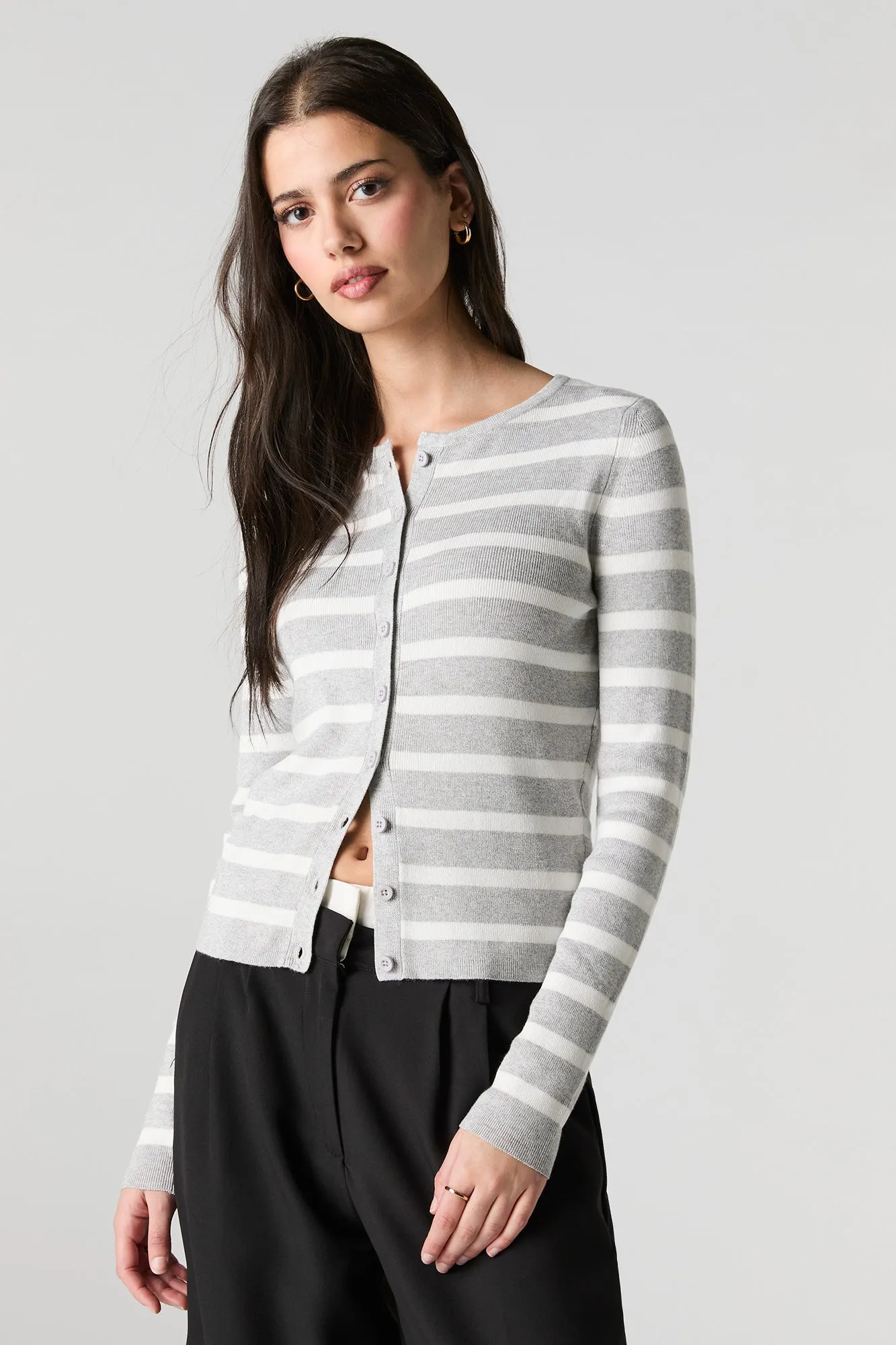 Striped Ribbed Knit Button-Up Cardigan Sweater sold by Charlotte Russe product image thumbnail 4